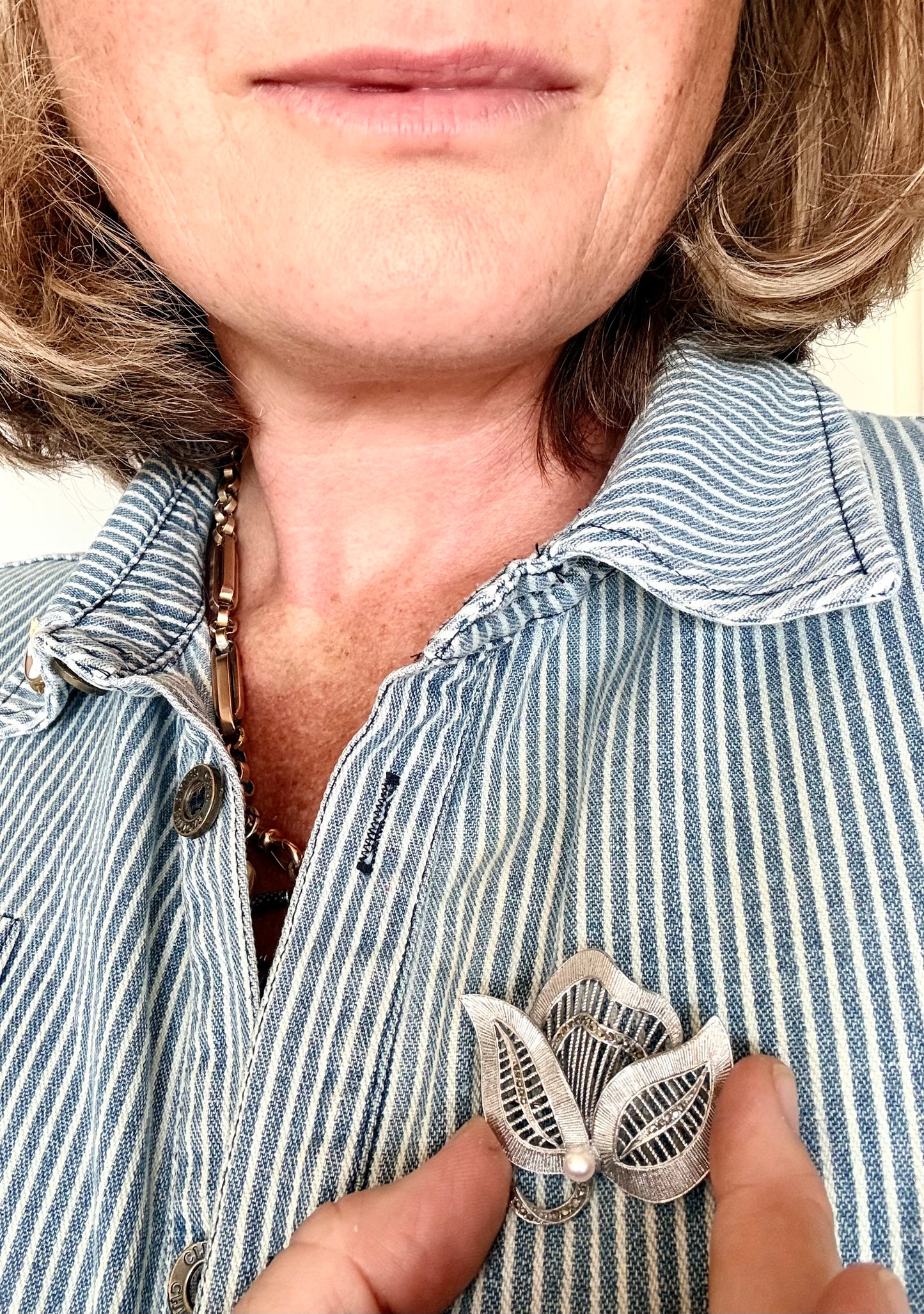 .1940s .1950s .925 Art Deco revival Theodor Fahrner designer Mid Century Modern geometric leaf and pearl renowned German sterling silver marcasite designer brooch pin