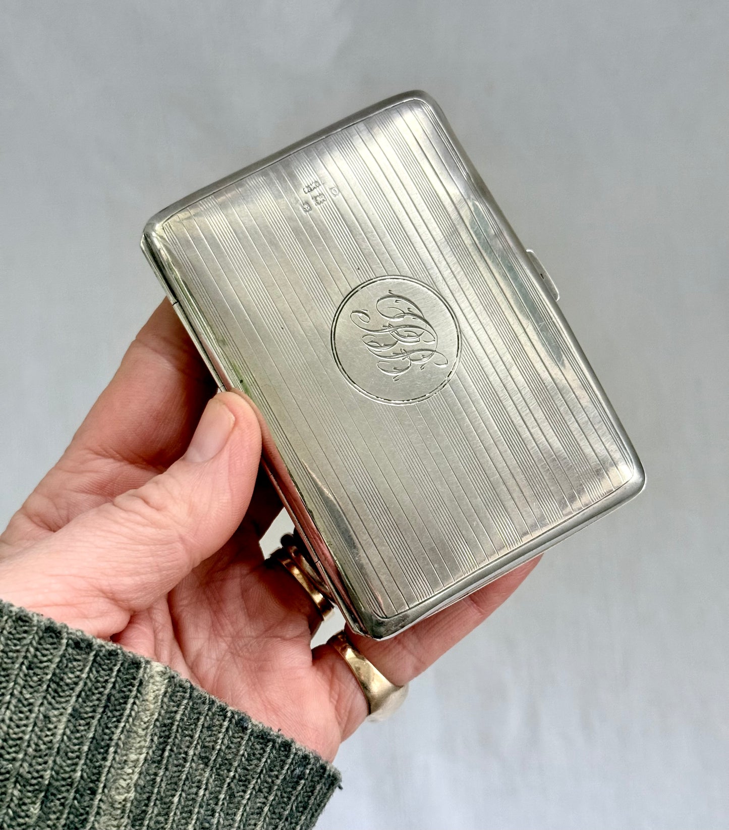.1938 .925 Art Deco Birmingham hallmarked solid sterling silver pin stripe engine turned engraved heritage card case cigarette case