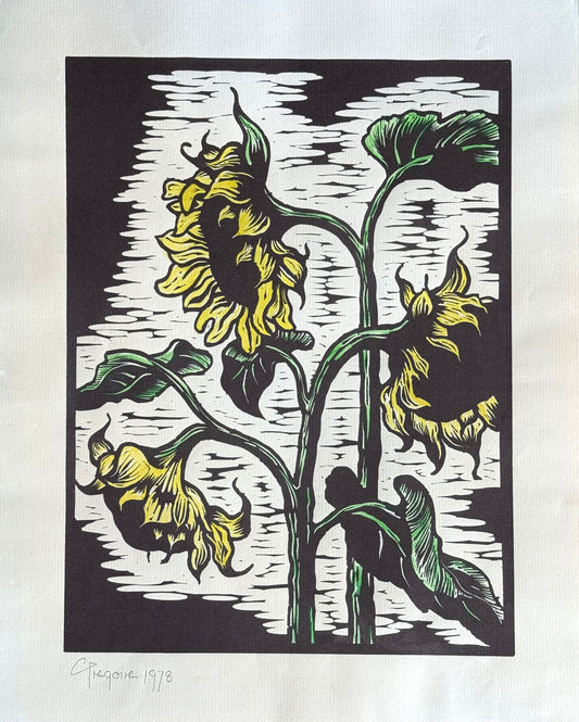 .1978 art original sunflower linocut by South African artist Gregoire Boonzaier
