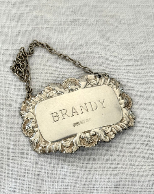 .1965 .925 hallmarked sterling silver Brandy alcohol London circa 1965 vintage silver decanter label