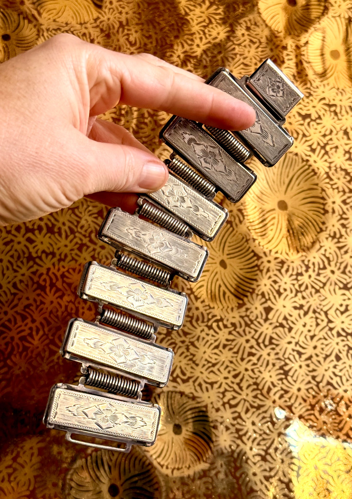 .1880s .1890s .925 Aesthetic Victorian era wide link and solid silver etched panel bracelet