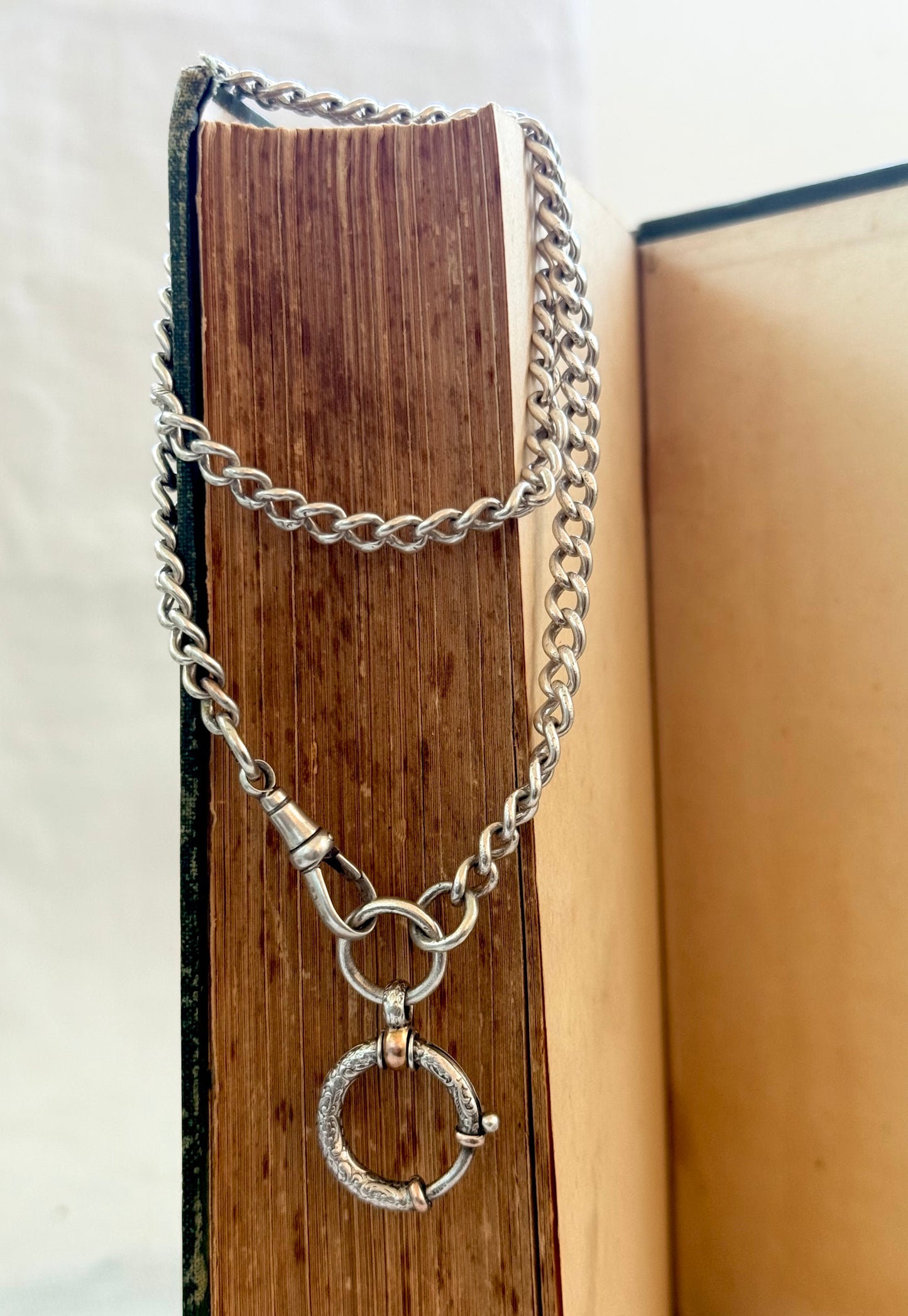 .1900s .1910s .900 .925 silver antique Edwardian solid sterling silver fob chain watch chain curb chain with rare fancy oversized bolt ring spring clasp