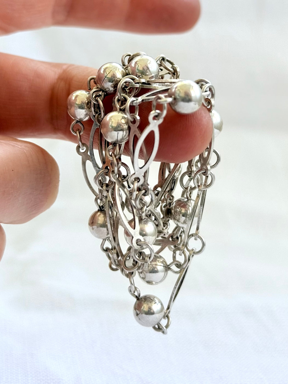 .1960s .1970s .89cm long .925 vintage fancy ball and navette oval form long silver fancy link chain necklace