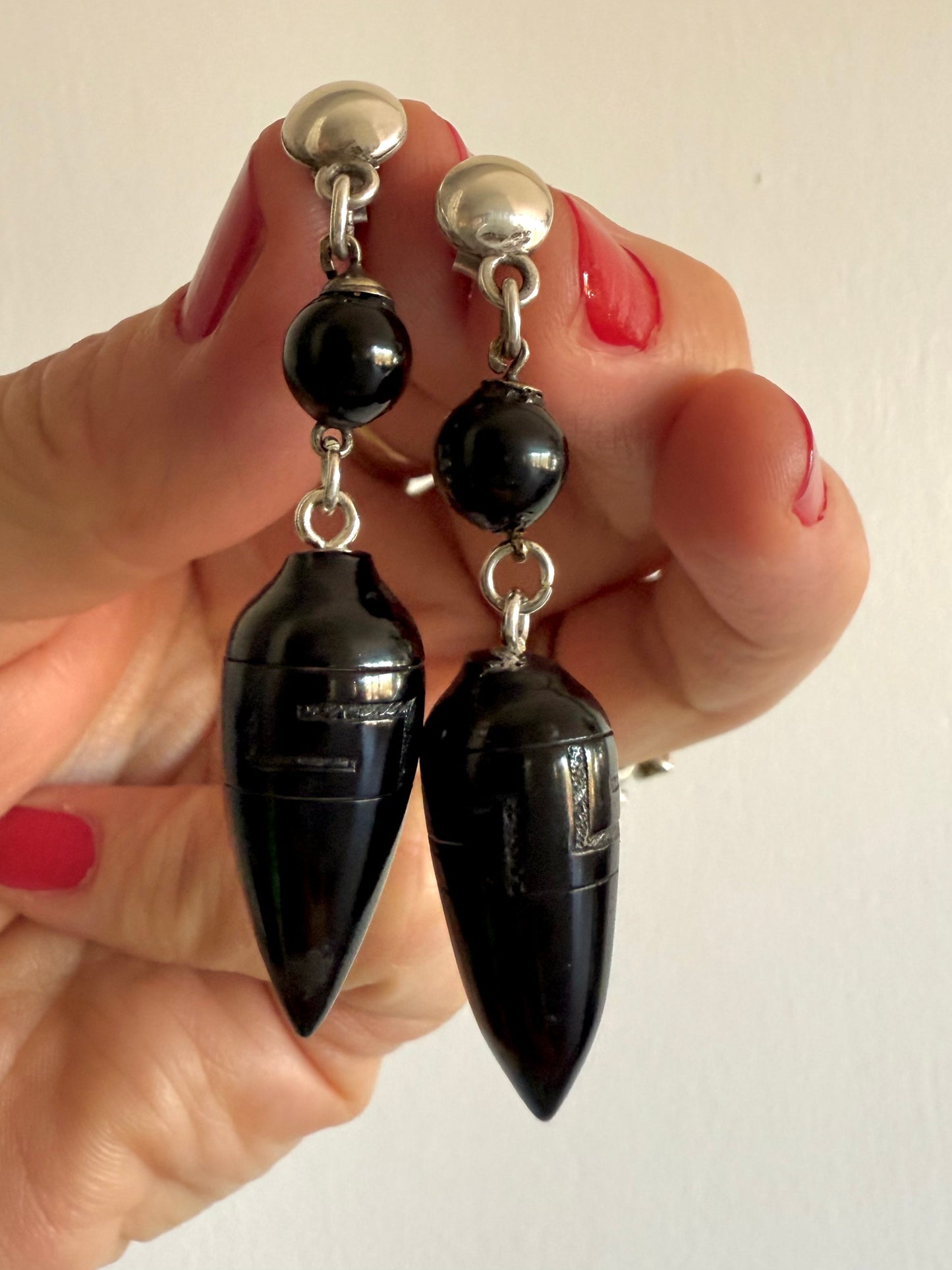 .1860s 835 silver Hellenistic revival Victorian Whitby Jet torpedo drop earrings