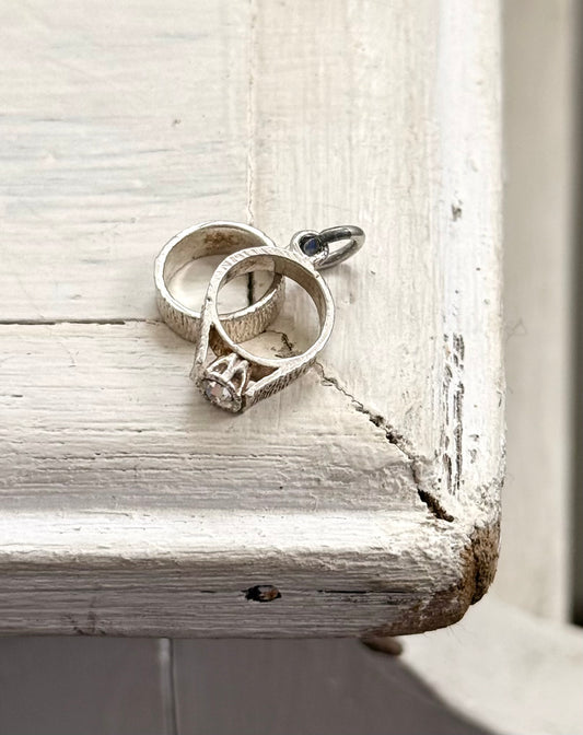 .1970s .925 Miniature wedding ring commitment ring silver retro diamanté ring token charm pendant