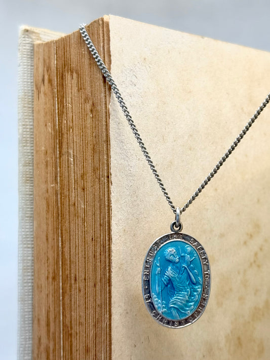 .1970s .925 Georg Jensen designer blue enamel Saint Christopher vintage religious treasured sterling silver token pendant