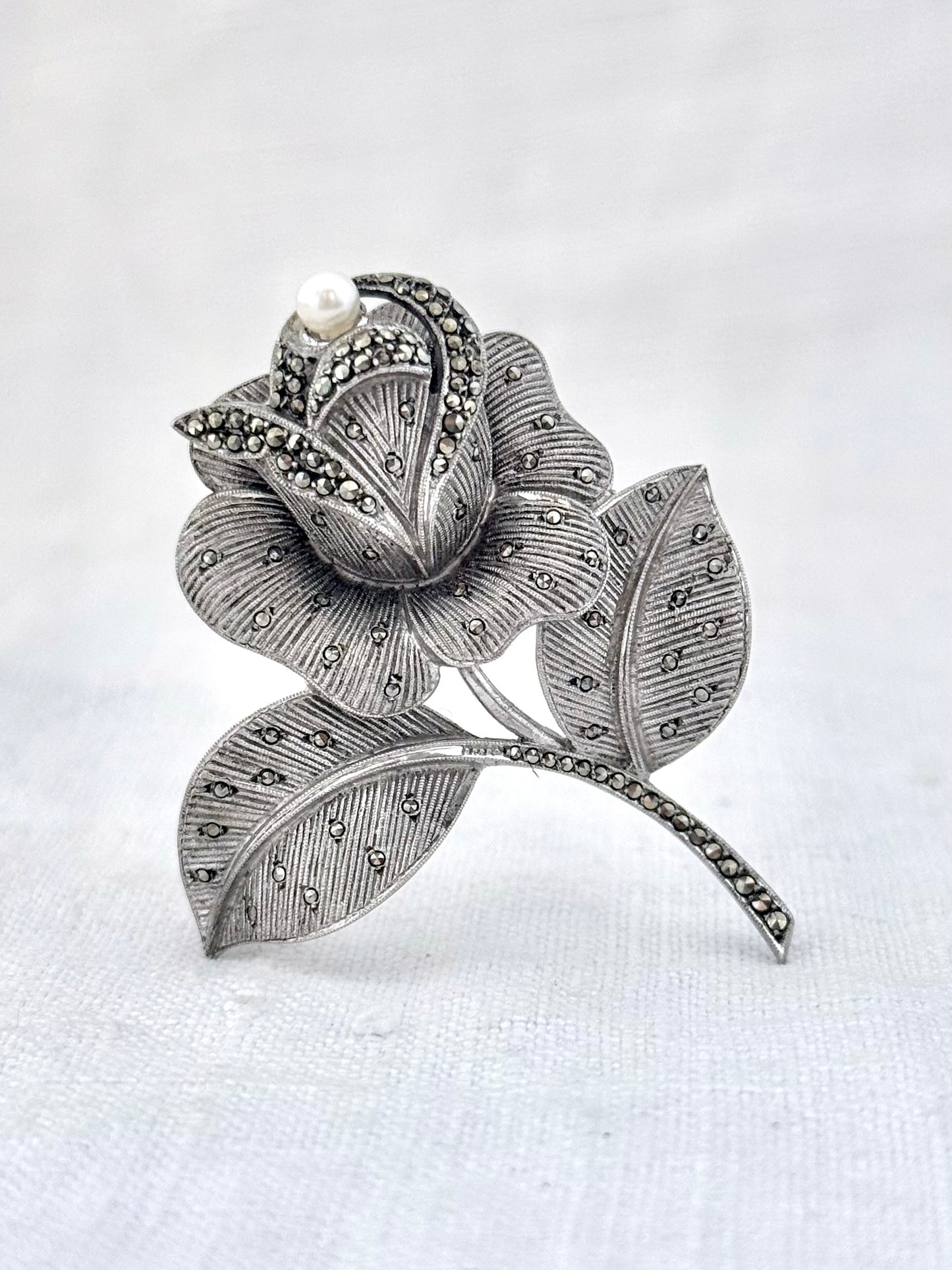 .1940s .1950s .925 silver Theodor Fahrner Mid Century Modern rose flower Art Deco revival renowned German floral romantic sterling silver, pearl and marcasite designer brooch pin