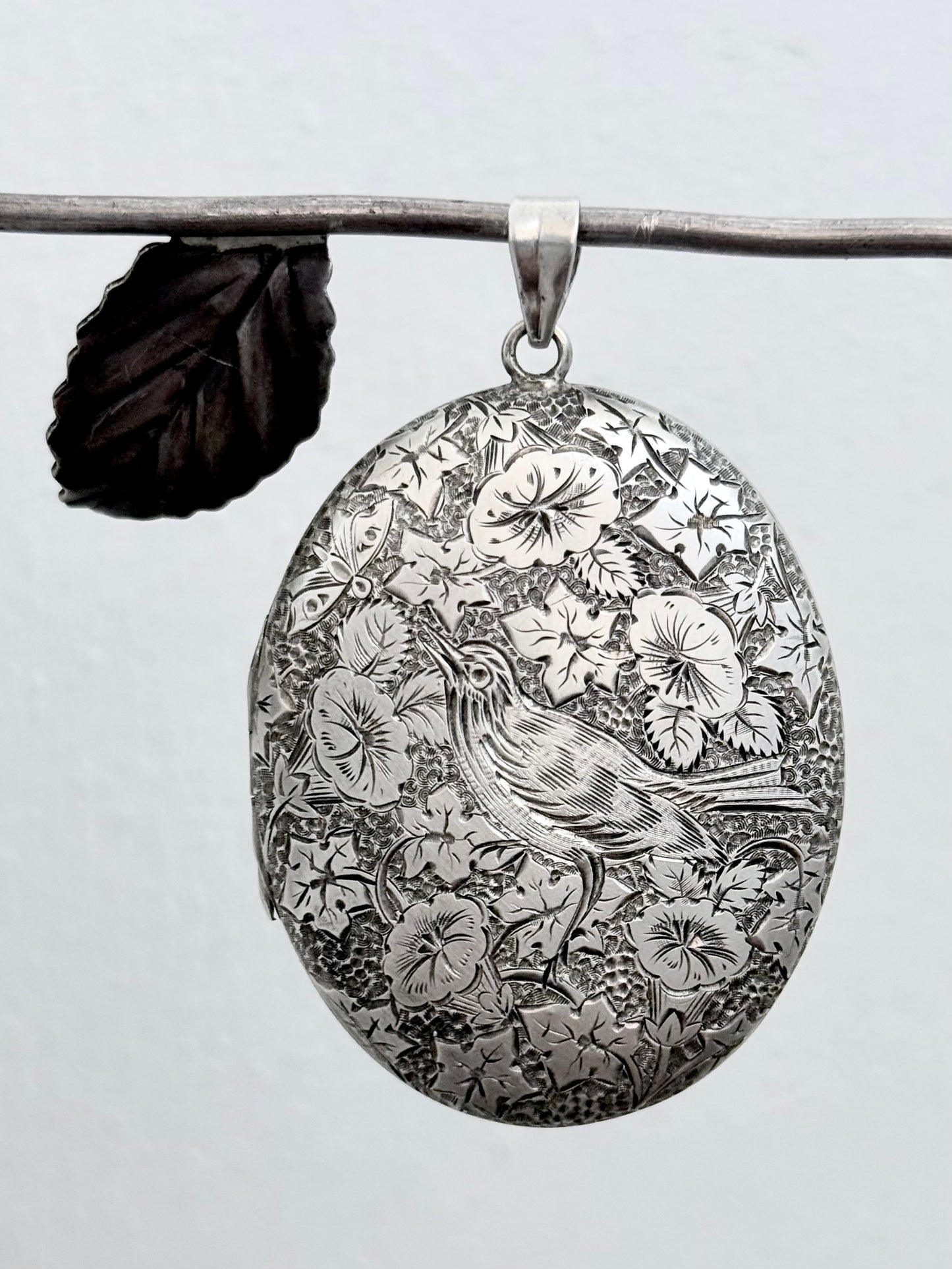 .1880s .1890s .925 large Victorian Aesthetic deep engraved Swallow and floral detailed antique French sterling silver locket
