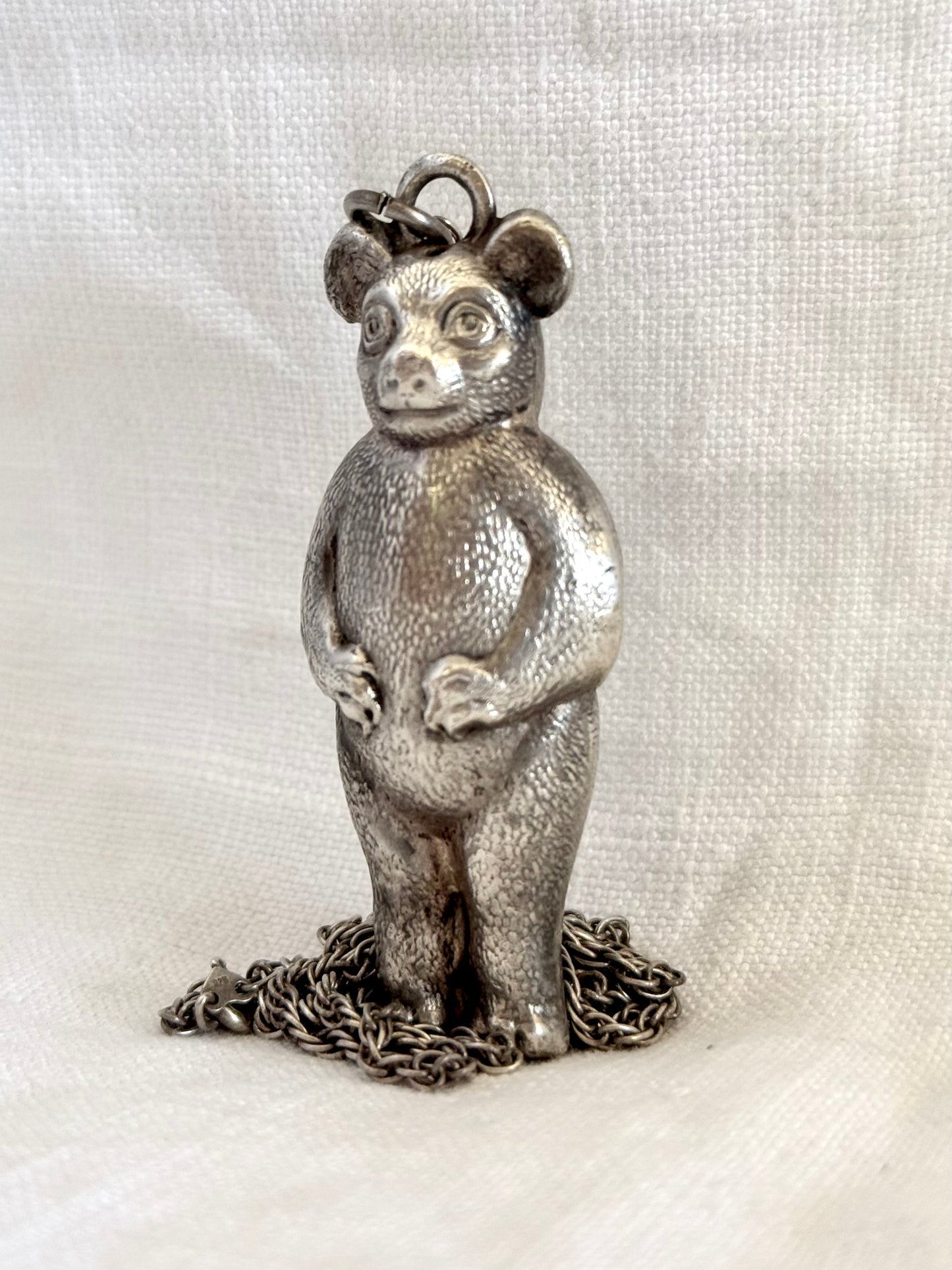 .1910s .1920s Art Nouveau figural collectors bear rattle baby rattle pendant on long silver chain