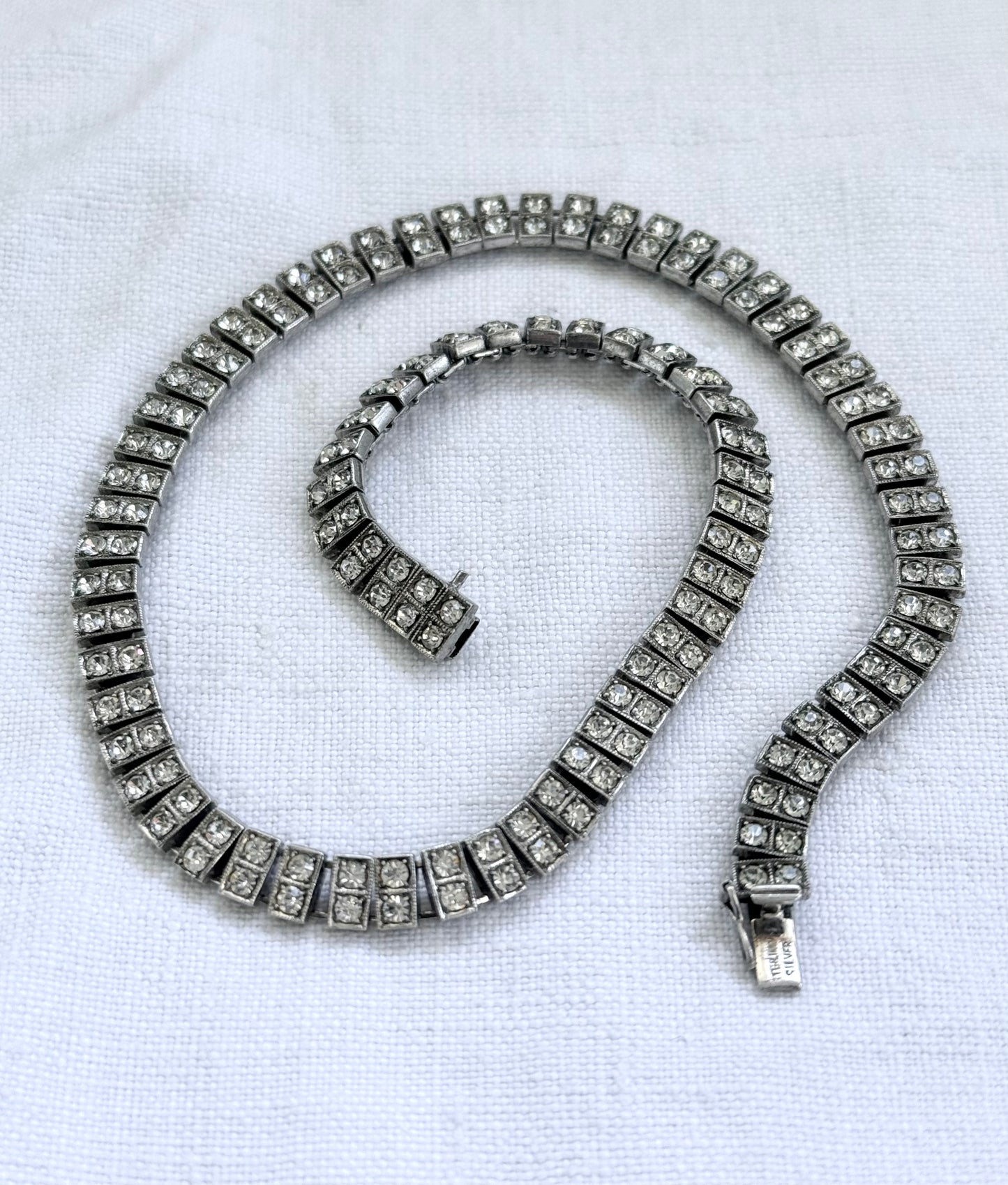 .1930s .1940s .925 Art Deco style double paste stone tennis style sterling silver choker necklace