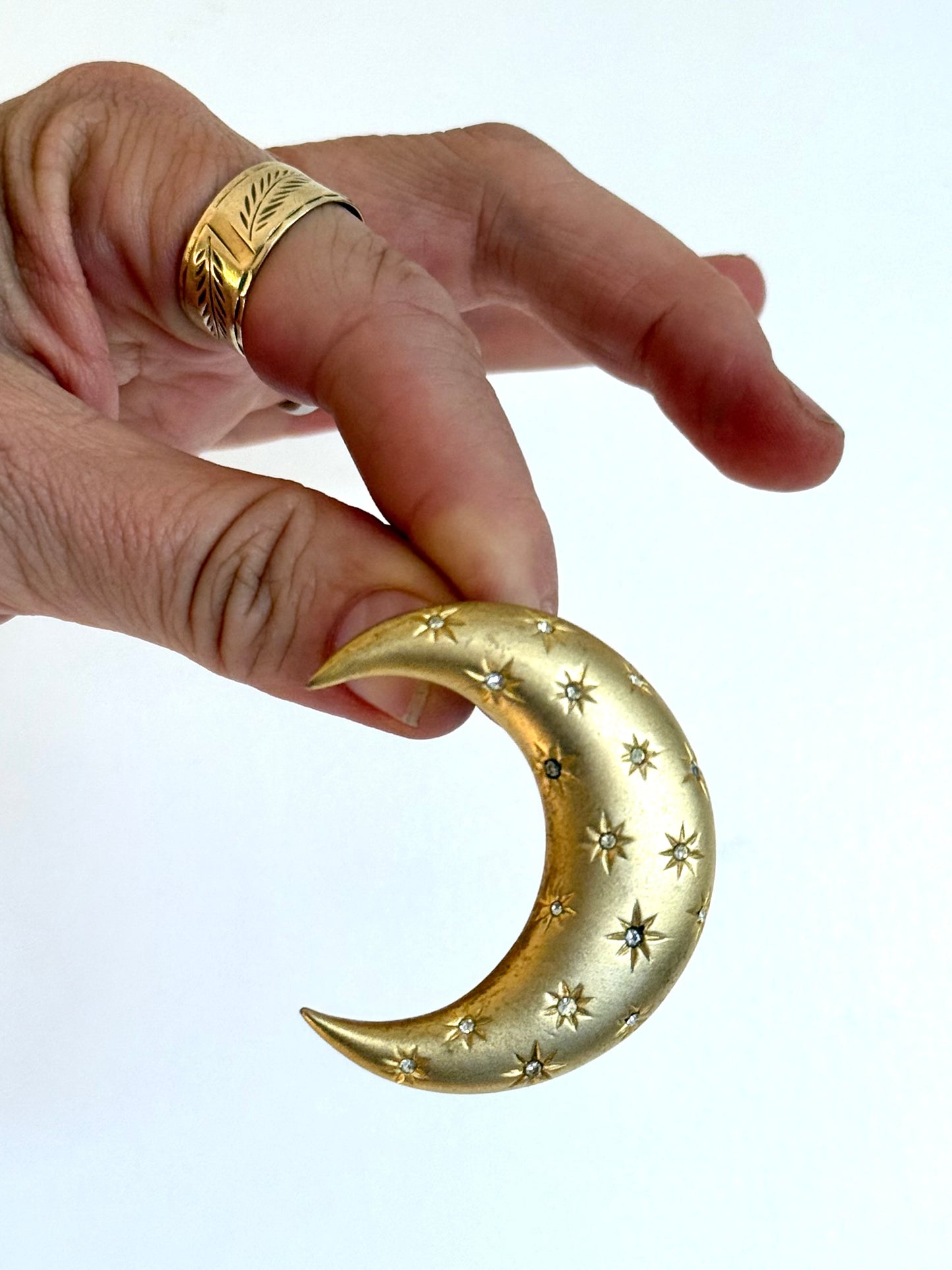 .1980s crescent moon puffy gold diamanté star accent costume moon brooch