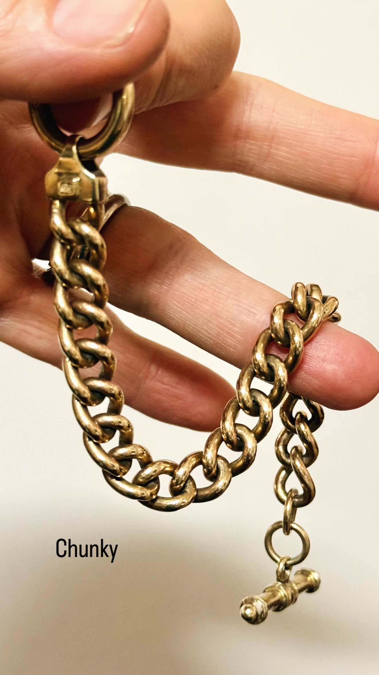 .375 .9ct yellow gold modernist chunky gold solid and heavy gold wide link t-bar toggle chunky fob chain curb bracelet