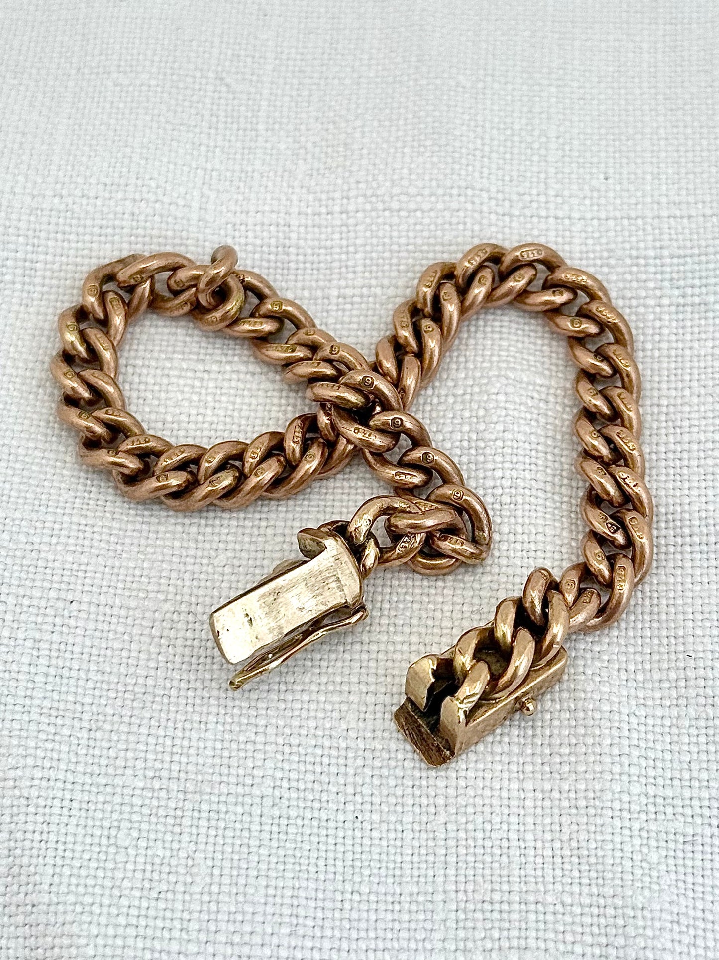 .1900s .375 9ct antique heirloom gold chunky solid weighted warm Rose Gold English 9ct gold hallmarked curb chain fob chain box clasp bracelet
