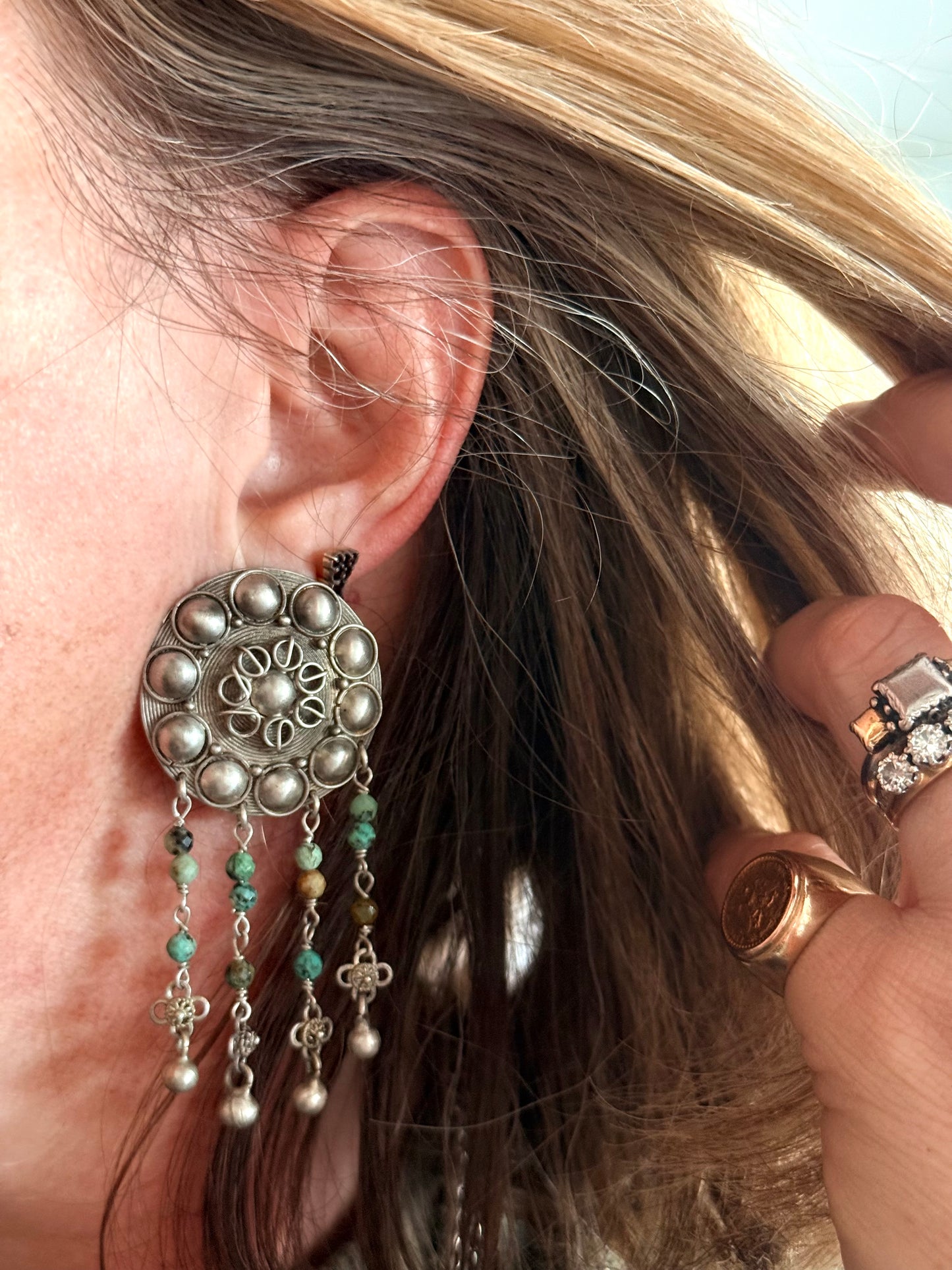 .925 HelenSilverSmit artisan made African Turquoise Tribal shield fringe dangle gemstone earrings