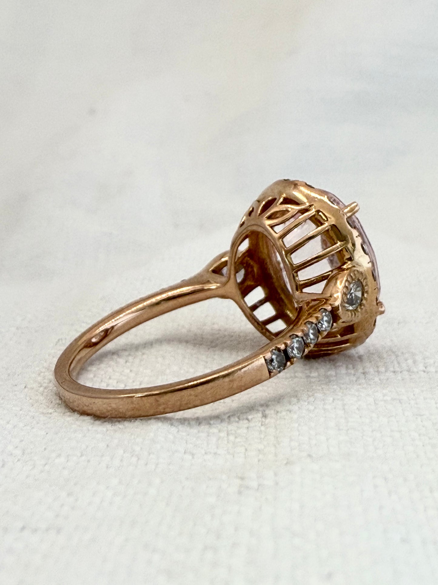 0.85ct 30 Diamond and Browns designer large Oval Pink Morganite gemstone 18ct luxury gold halo ring