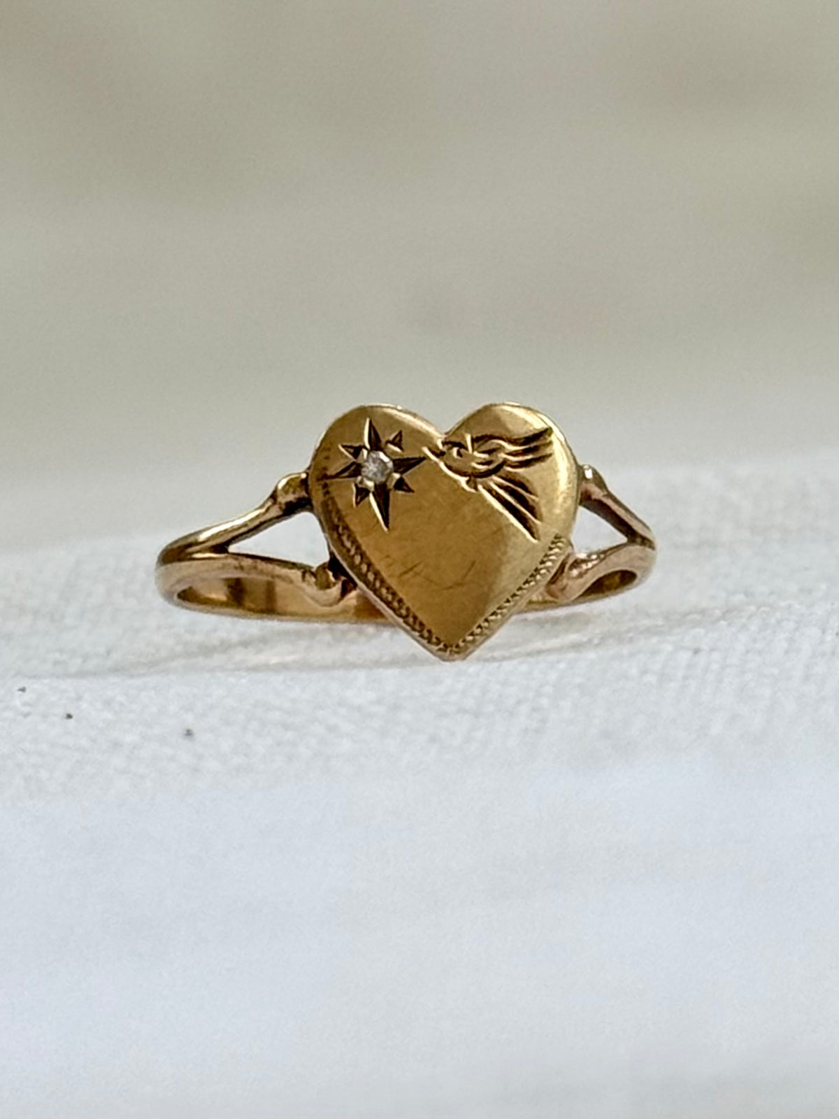 .375 .9ct gold heart token diamond starburst sweetheart love token swallow bird heart ring