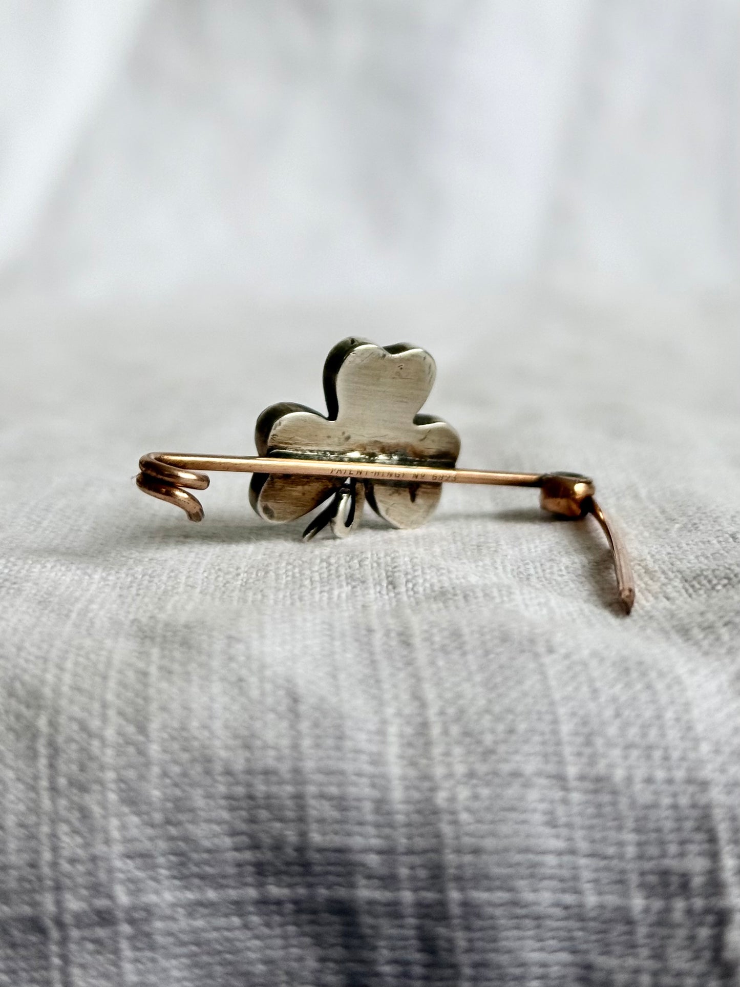 .1900s .1910s Clover Lucky token Malachite green gemstone three leaved faith token sweetheart brooch