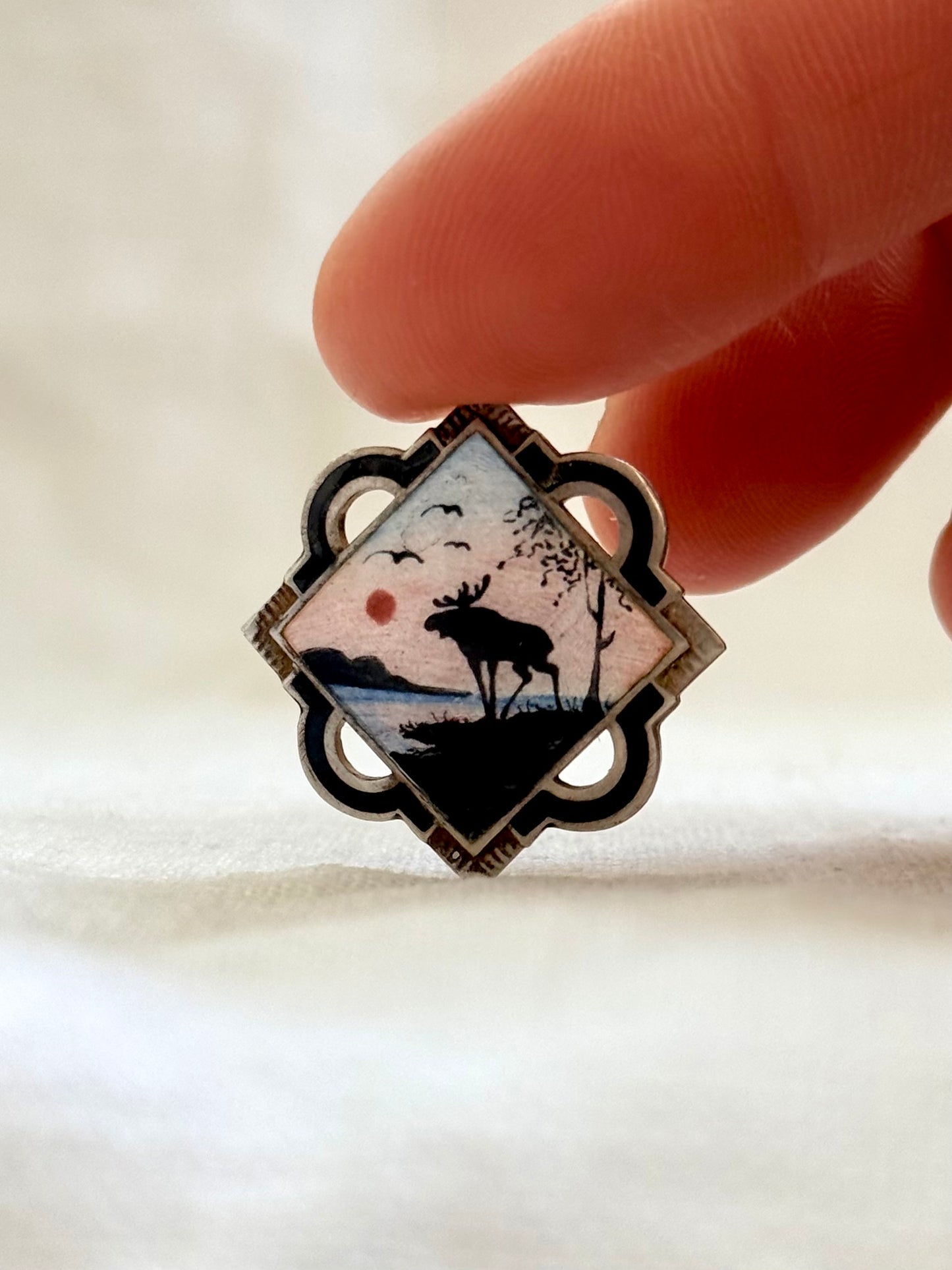 .1940s .925 enamel Scandinavian Modernist Norwegian MCM oval sunset Elk Rain Deer Seascape landscape collectors brooch