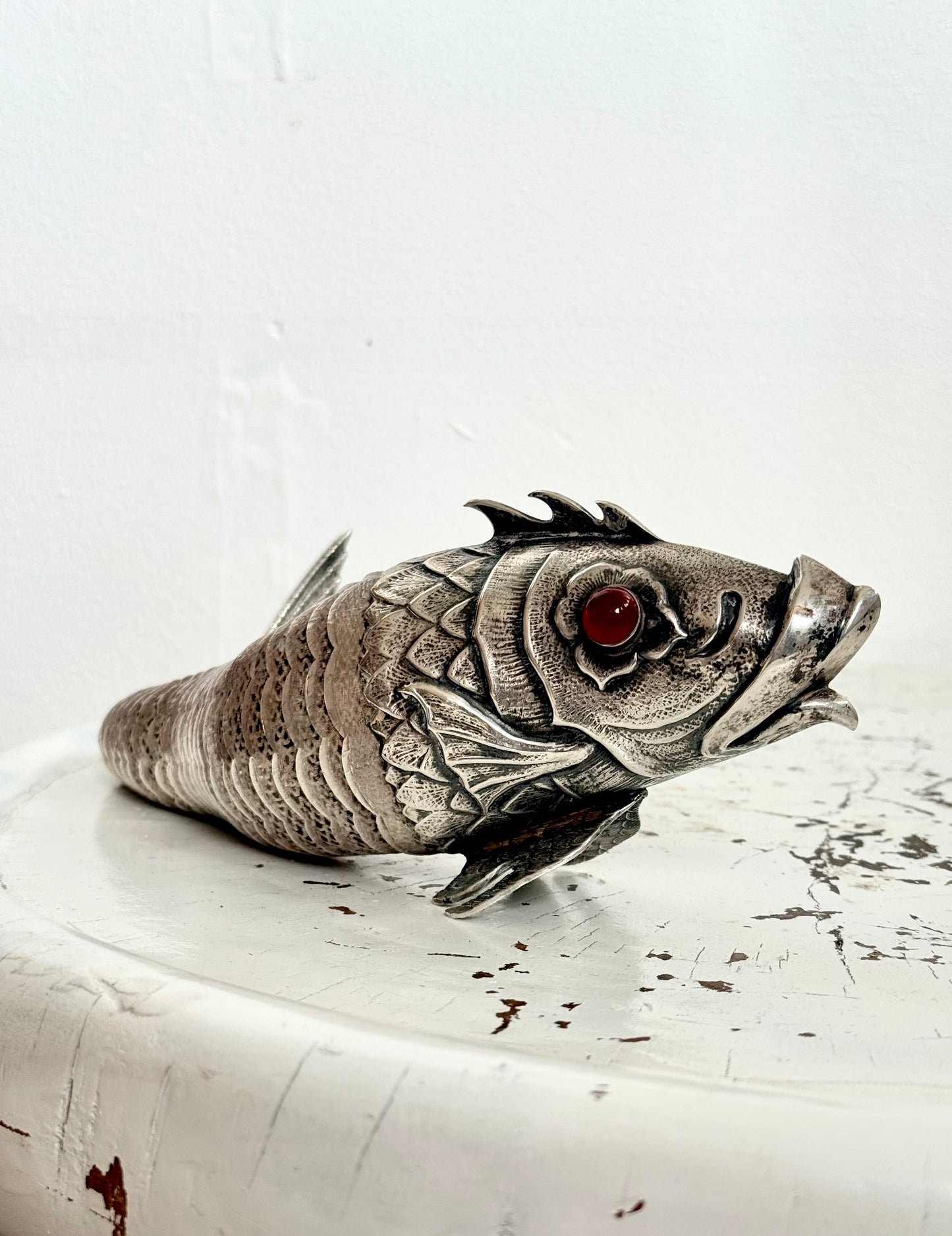 .1940s .915 articulated life sized hand made solid Spanish silver Large and magnificent artisan made Carb Fish rare treasured silver figural art statue