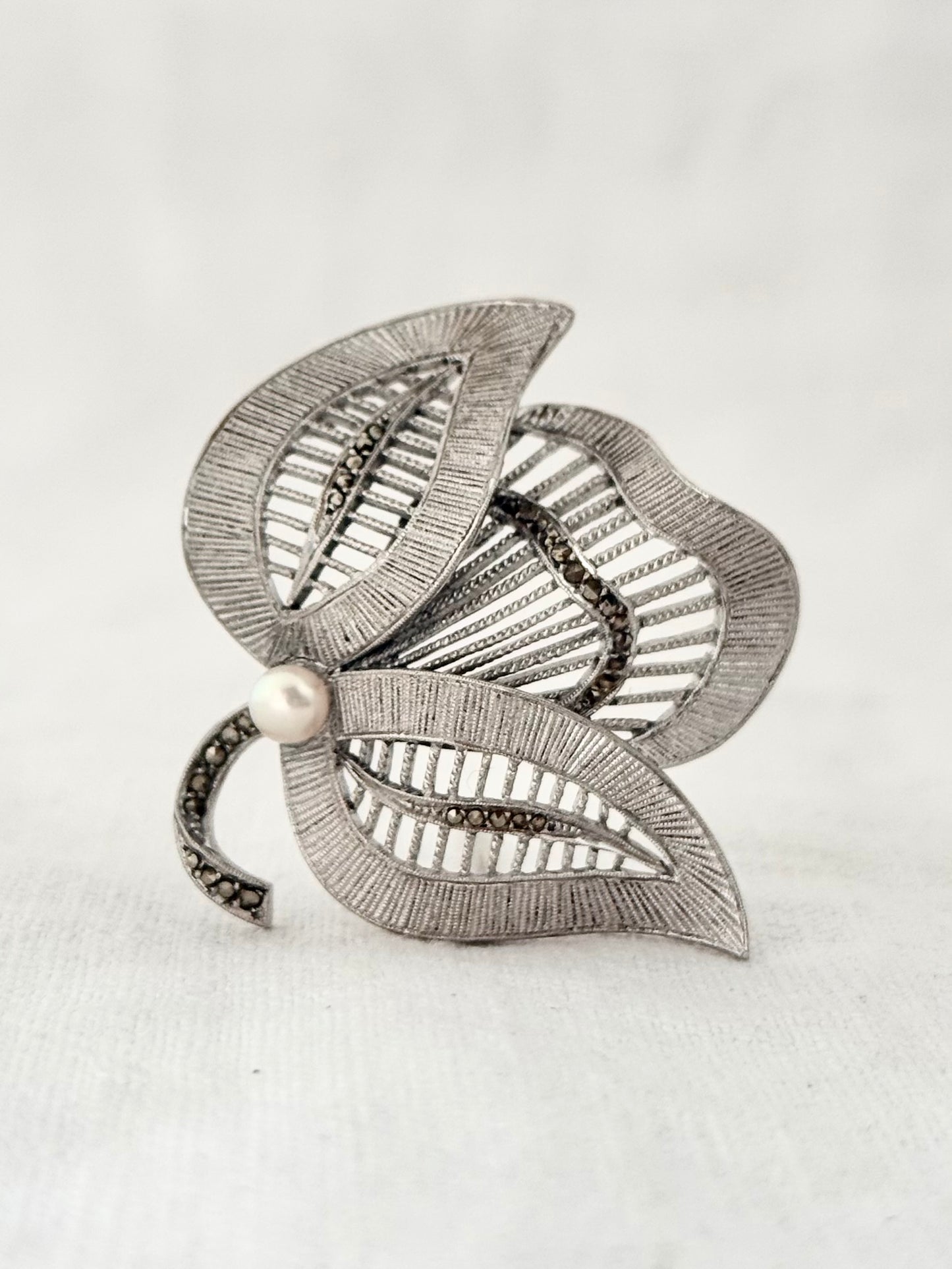 .1940s .1950s .925 Art Deco revival Theodor Fahrner designer Mid Century Modern geometric leaf and pearl renowned German sterling silver marcasite designer brooch pin