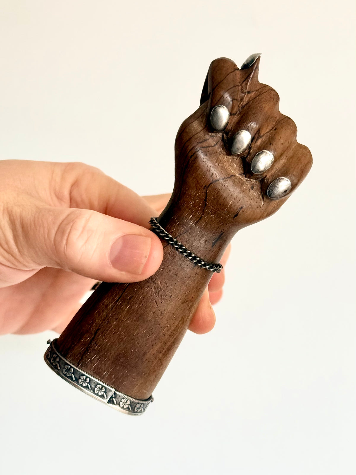 .1950s .900 Brazilian silver hand sculpted large artisan made wooden figa fist lucky token good luck talisman statue