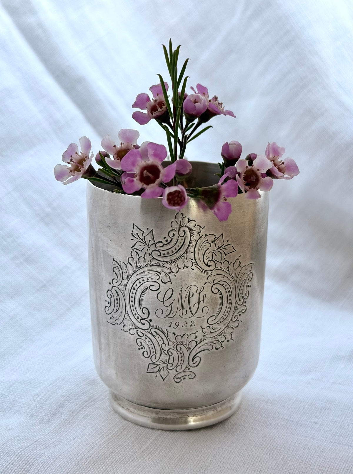 .1922 .925 antique Edwardian solid sterling silver Christening cup Walker & Hall hallmarked silver cup vessel beaker