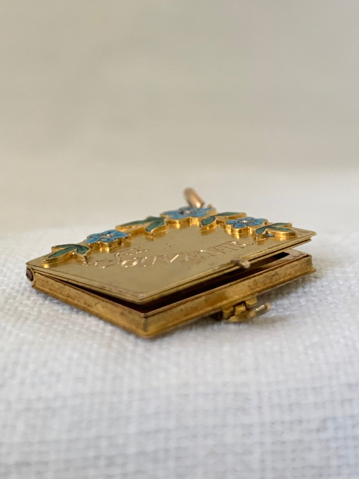 .14ct .585ct 1880s 1900s antique rare solid 14ct gold Diamond and enamel rare Forget me Not flowers French Souvenir Diamond book photo locket sentiment booklet pendant