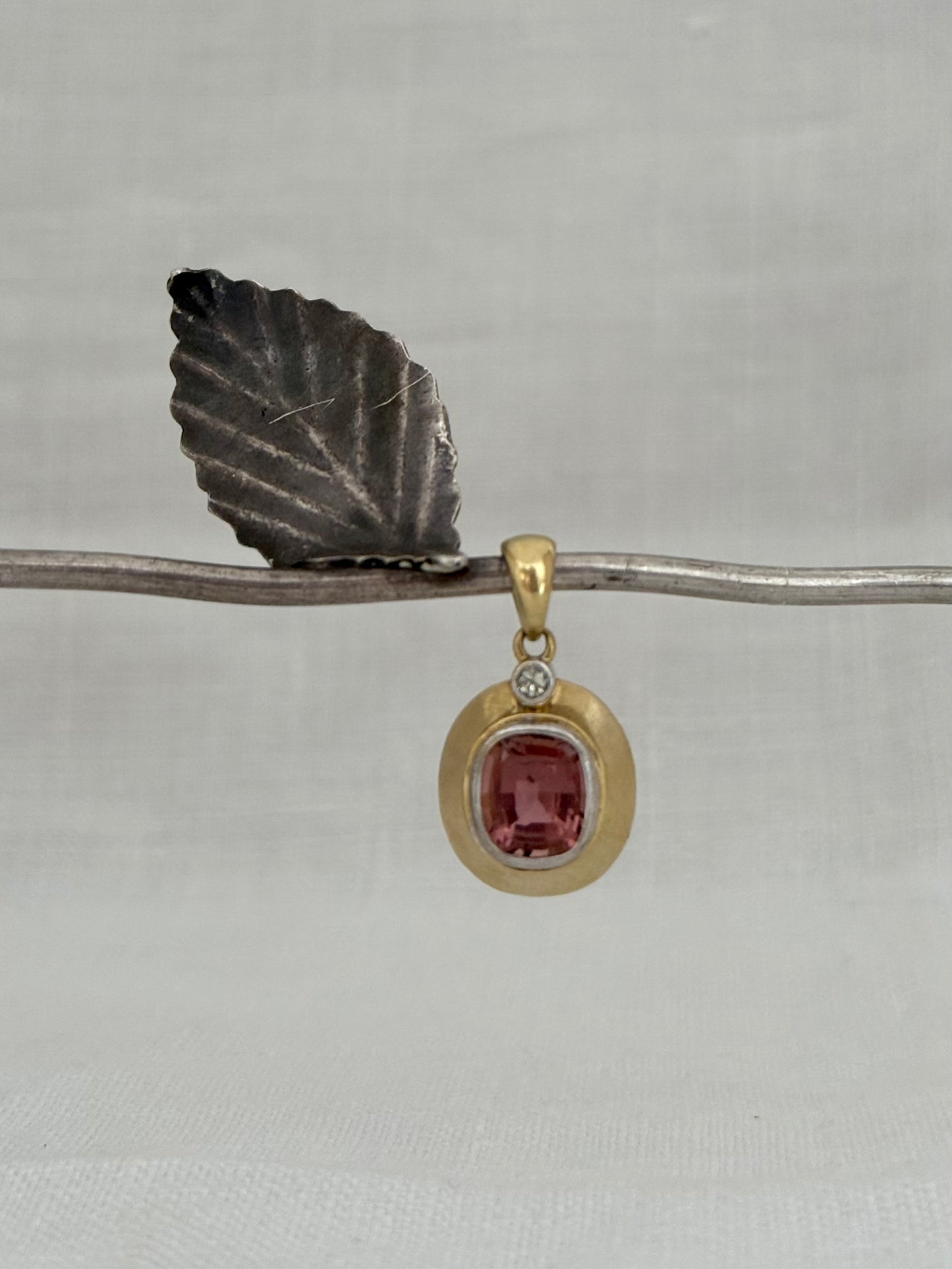 .18ct diamond and Pink Tourmaline modernist form high carat yellow gold luxury gemstone pendant