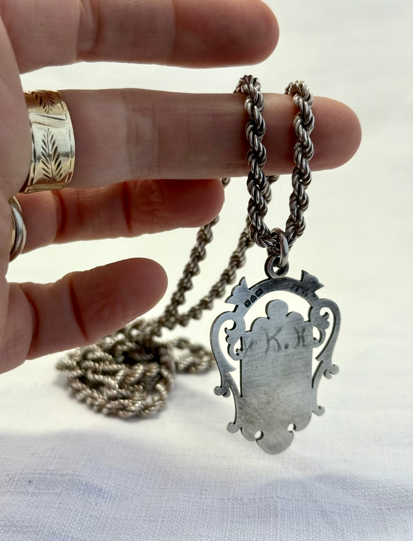 .1901 .925 antique beautiful open fret sterling silver fob medallion on 71cm long retro chunky rope chain necklace