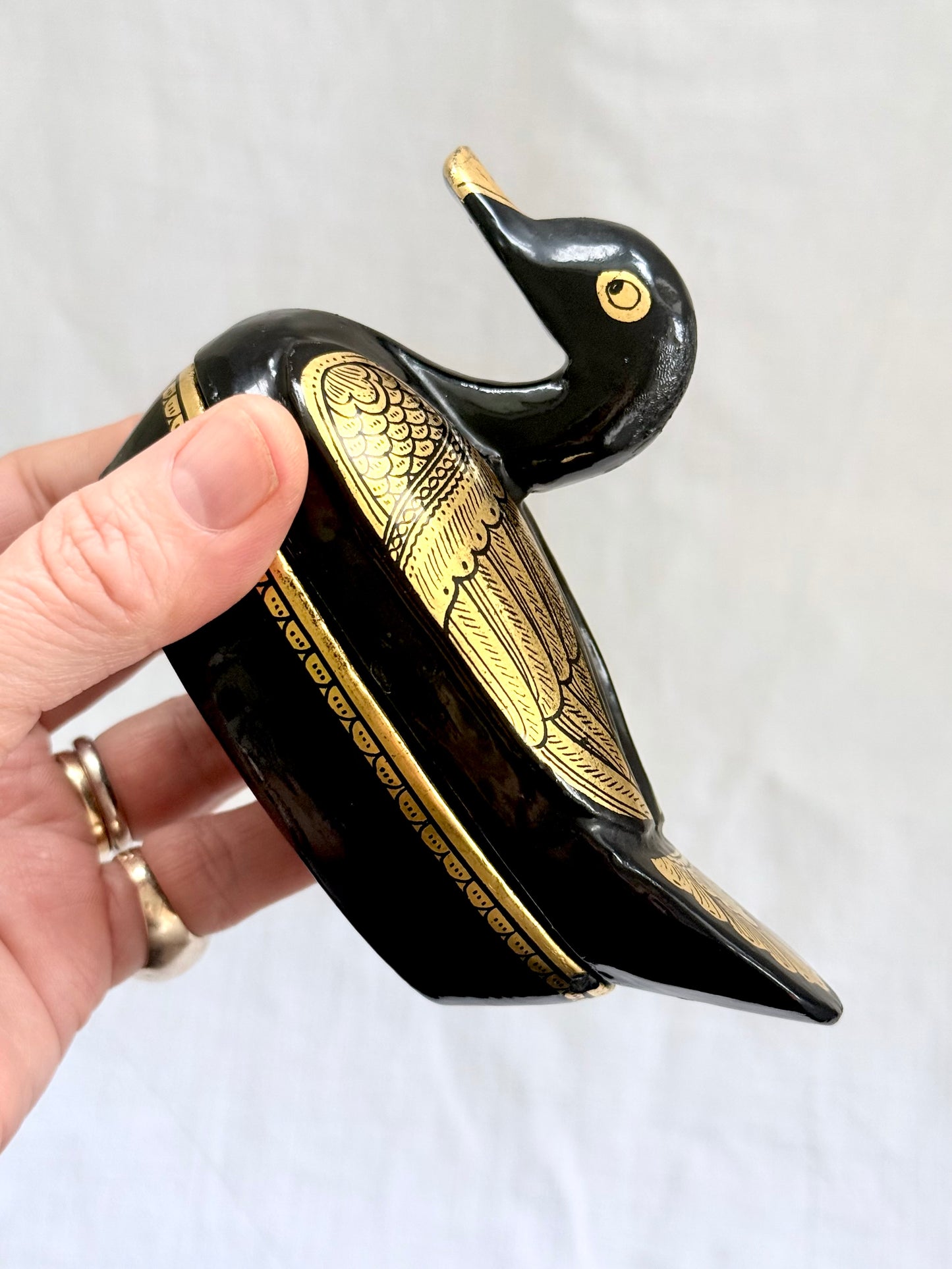 .1970s Burmese Chinese Black and Gold Lacquer Duck wooden trinket box