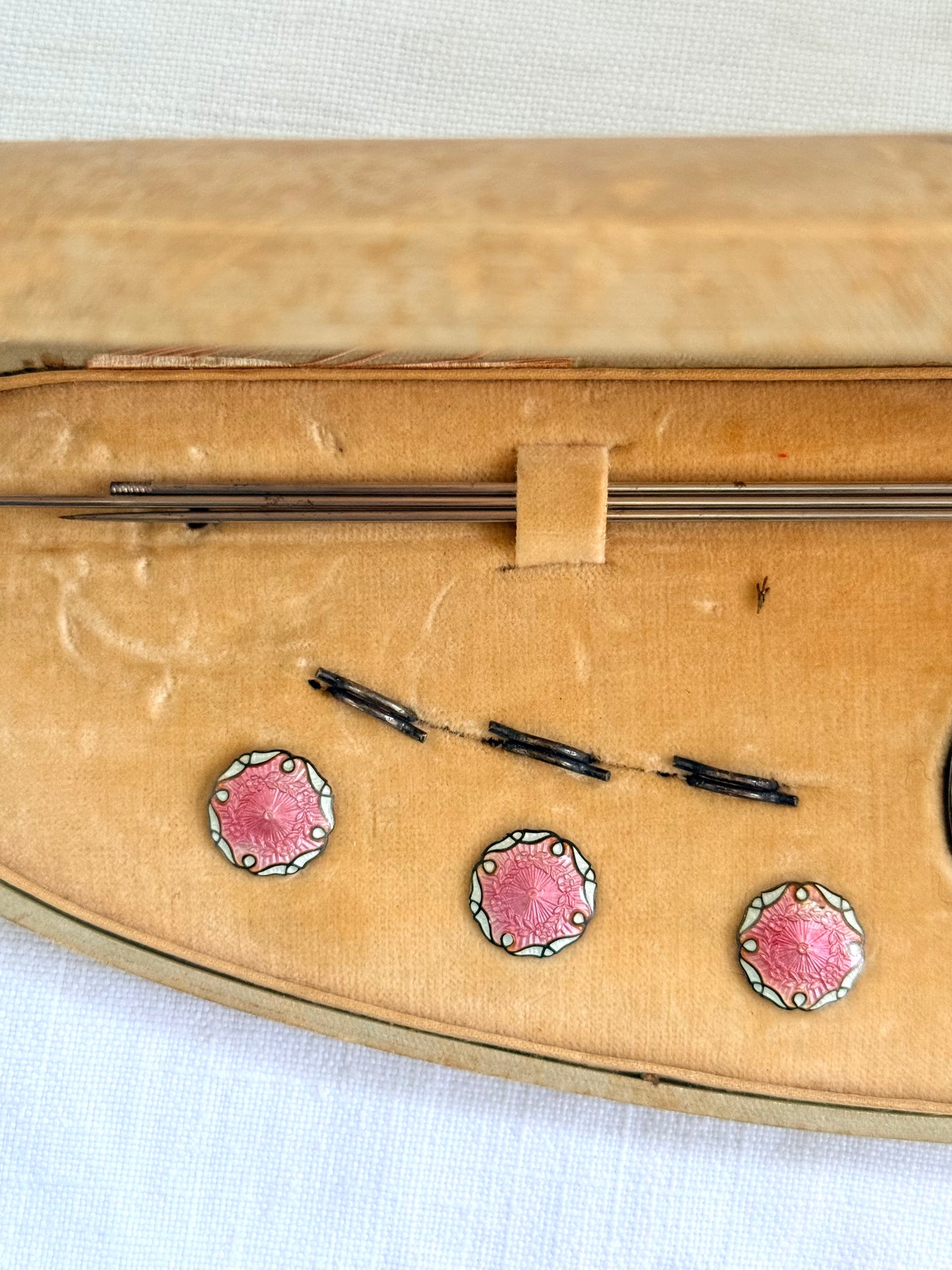 .1912 .925 antique rare collectors pink white enamel Birmingham hallmarked sterling silver Edwardian cased buckle and button and hat pin original boxed set