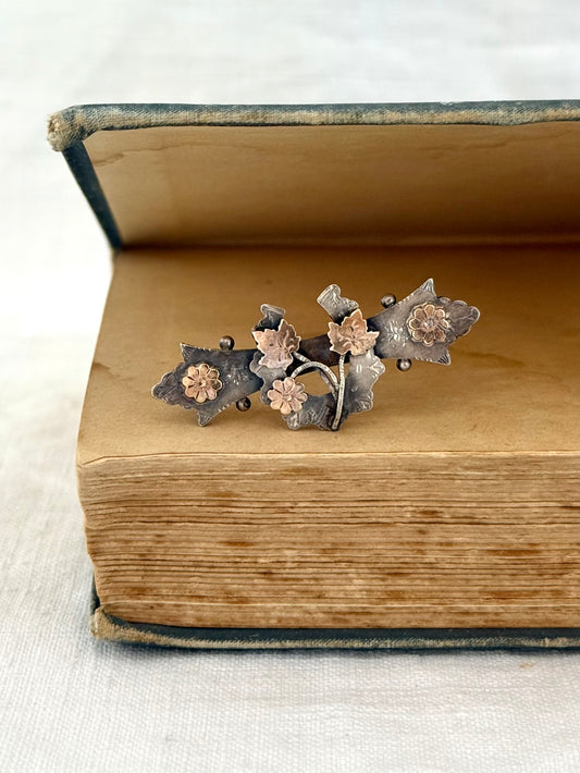 .1901 .925 antique rose gold and fine hallmark silver sweetheart token horseshoe and floral keepsake token brooch