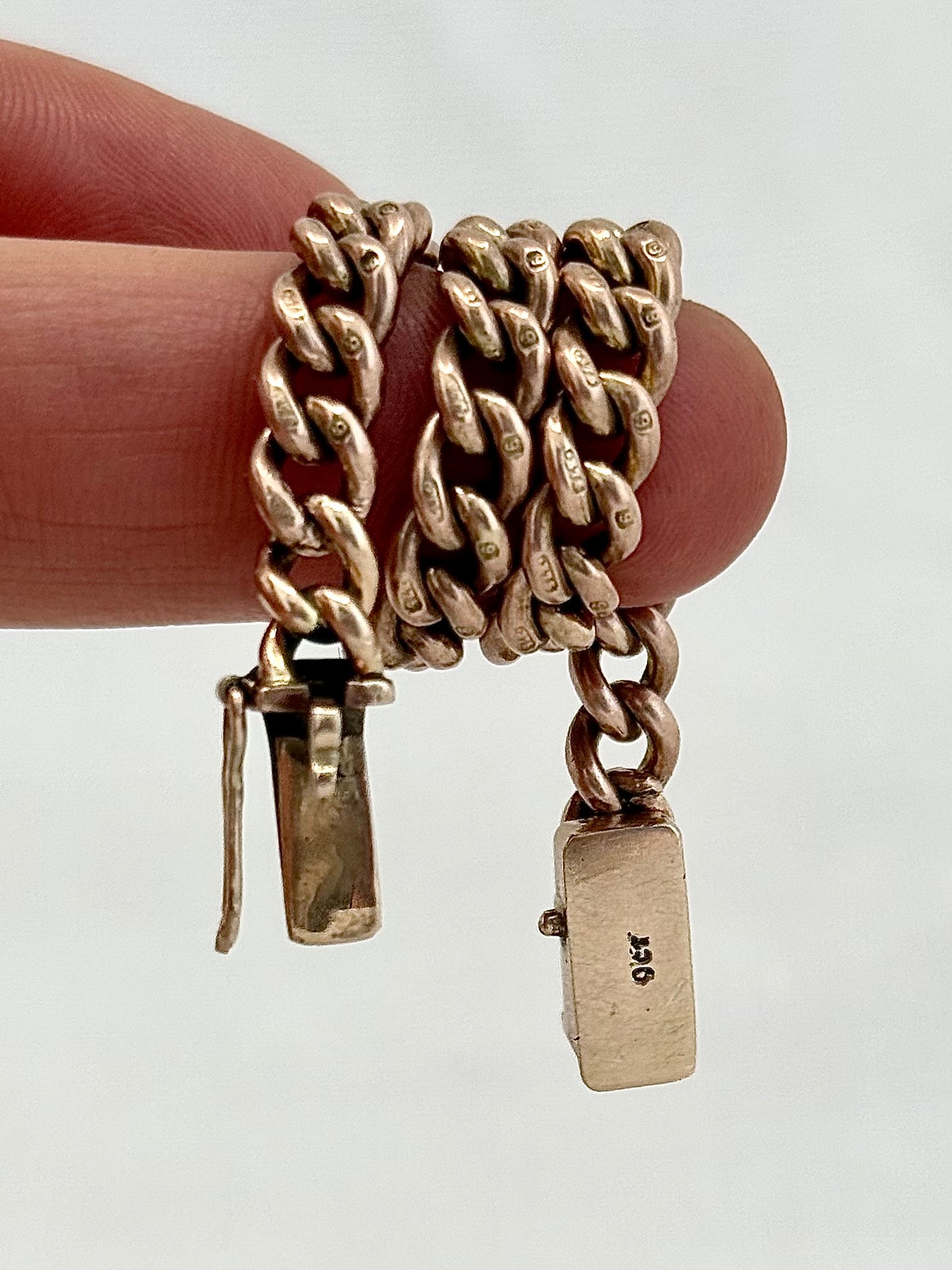 .1900s .375 9ct antique heirloom gold chunky solid weighted warm Rose Gold English 9ct gold hallmarked curb chain fob chain box clasp bracelet