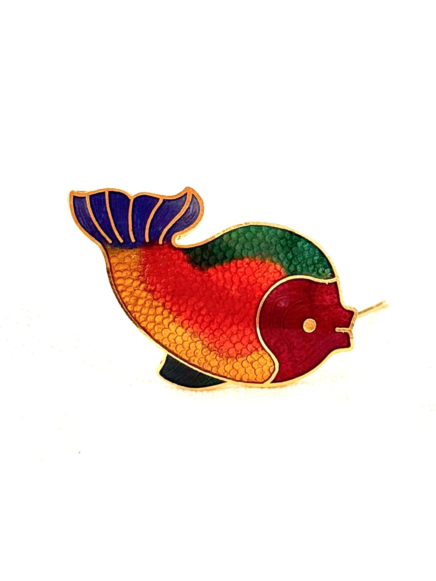.1970s vintage Red Face colourful enamel fish quirky gold tone bright enamel fun fish costume brooch