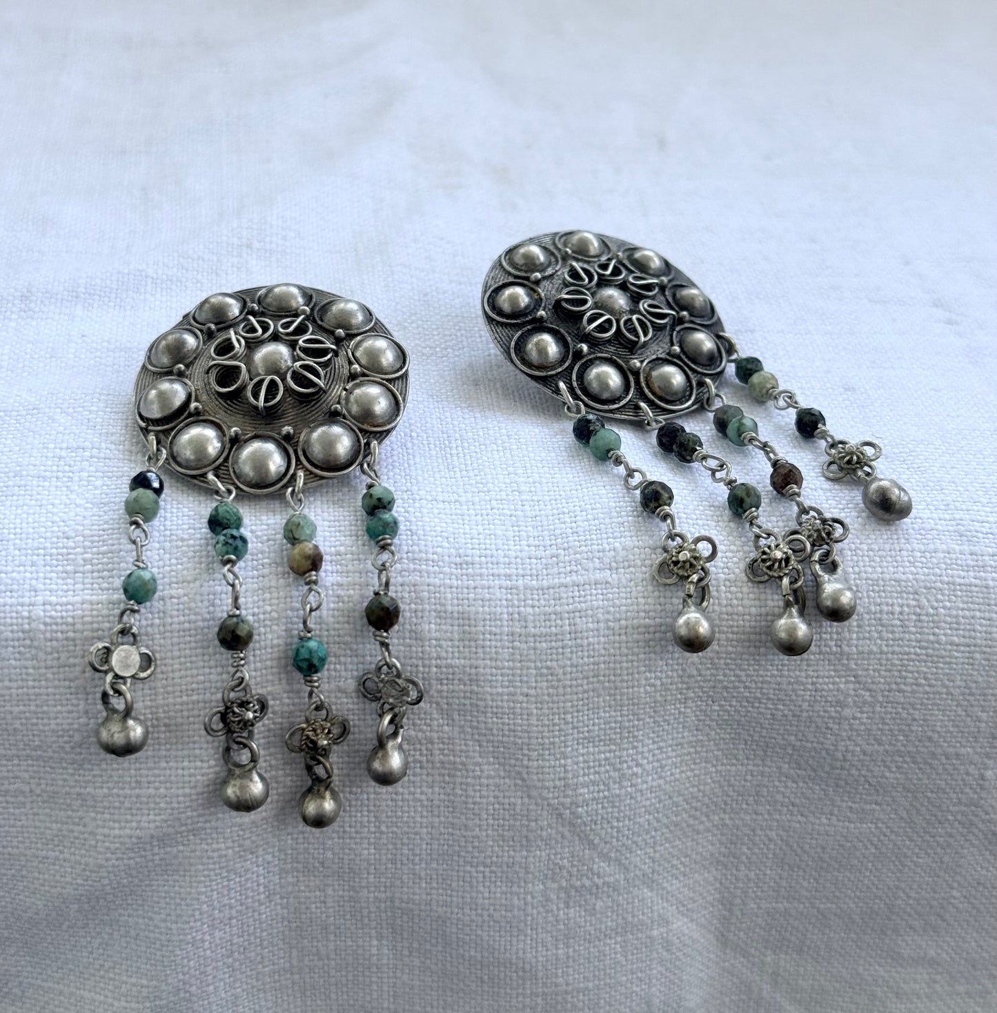 .925 HelenSilverSmit artisan made African Turquoise Tribal shield fringe dangle gemstone earrings