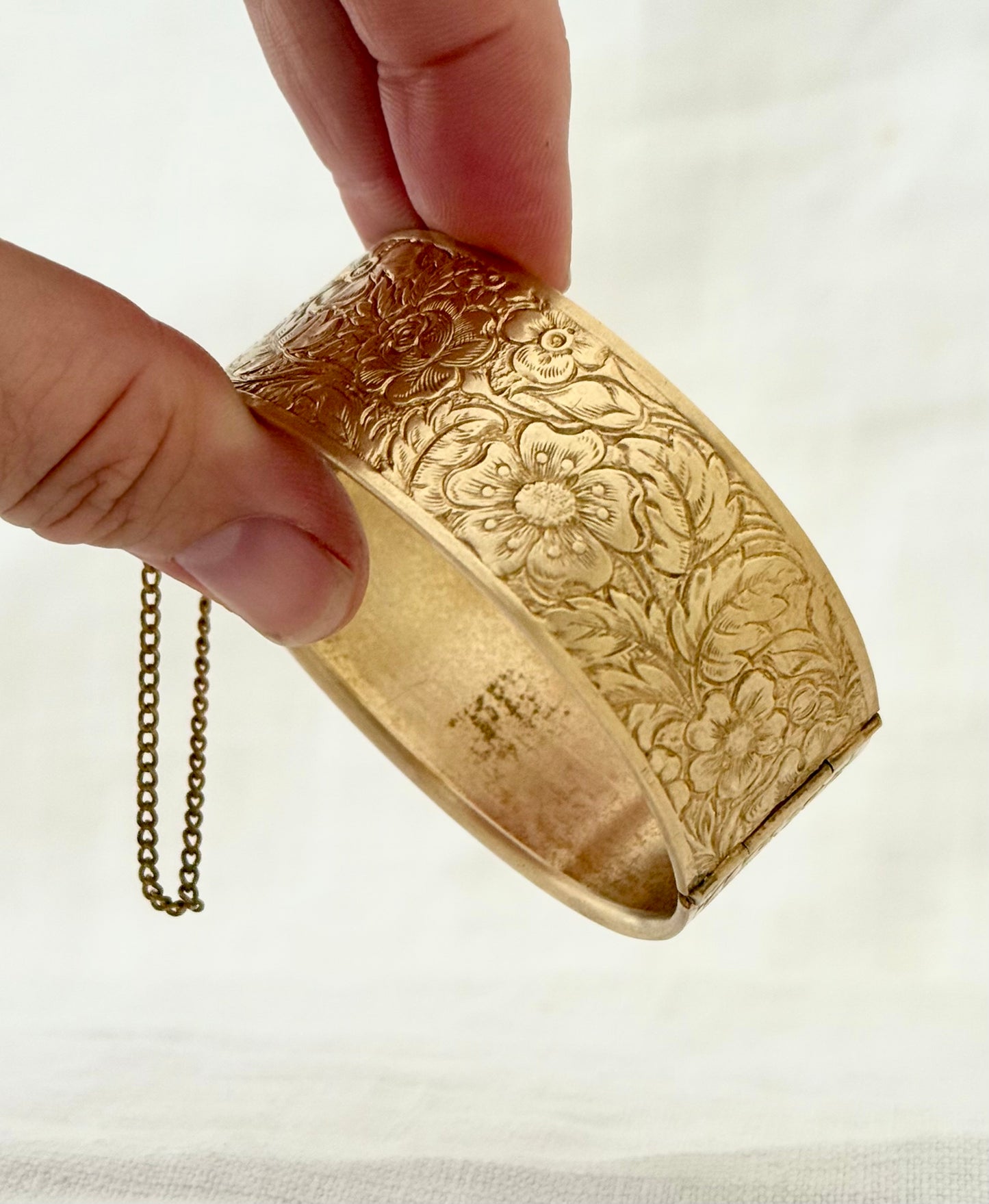 .1900s .1940s Victorian revival Dog Rose floral flower hand engraved gold plated brass romantic clasp bangle
