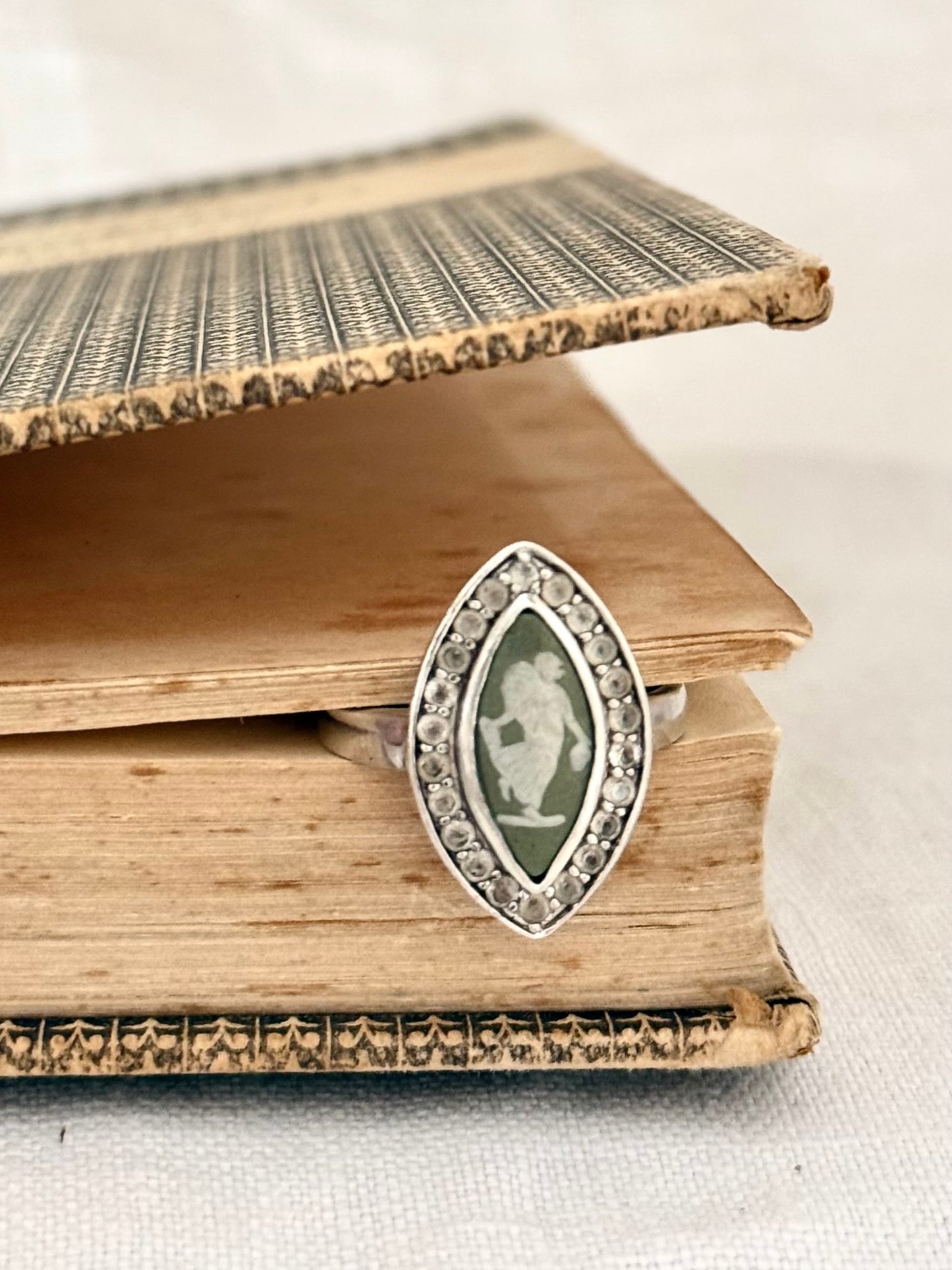 .1970s .925 dancing dame Grecian style moss green Jasperware high relief Wedgwood cameo set into modernist clear gemstone naiveté sterling silver dress ring