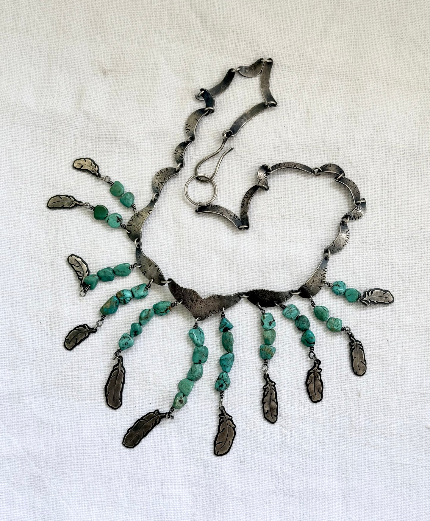 .925 artisan vintage Navajo silver feather traditional collectable collectors cascade necklace