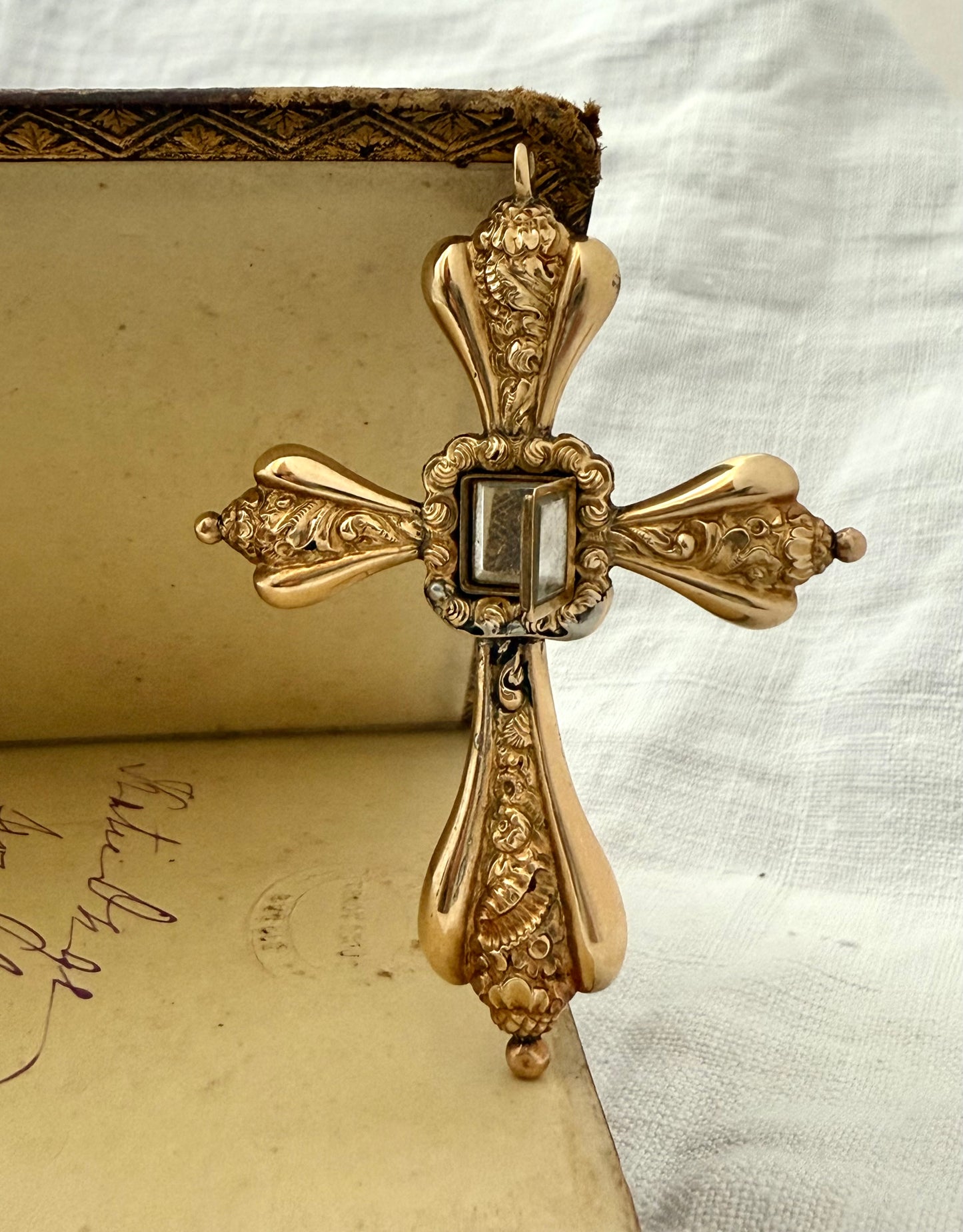 .585 14ct 1800s era antique large Gold high carat repousse cross locket oversized mourning locket rare large cross pendant
