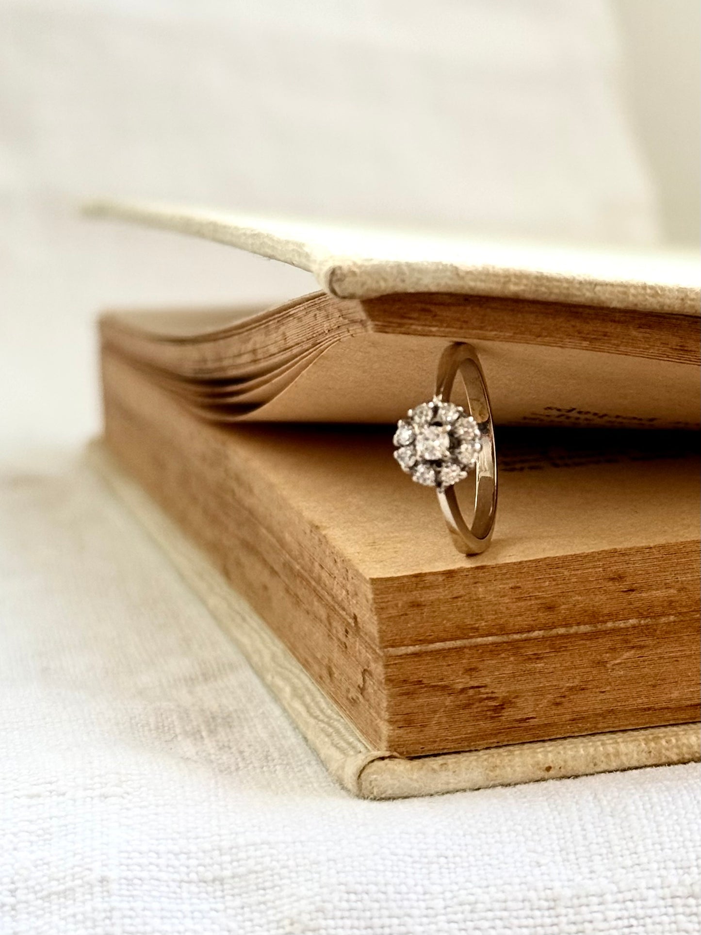 .18ct .1950s .1970s .9 diamond .750 white gold Diamond cluster flower floret halo diamond heirloom diamond gold commitment ring engagement ring