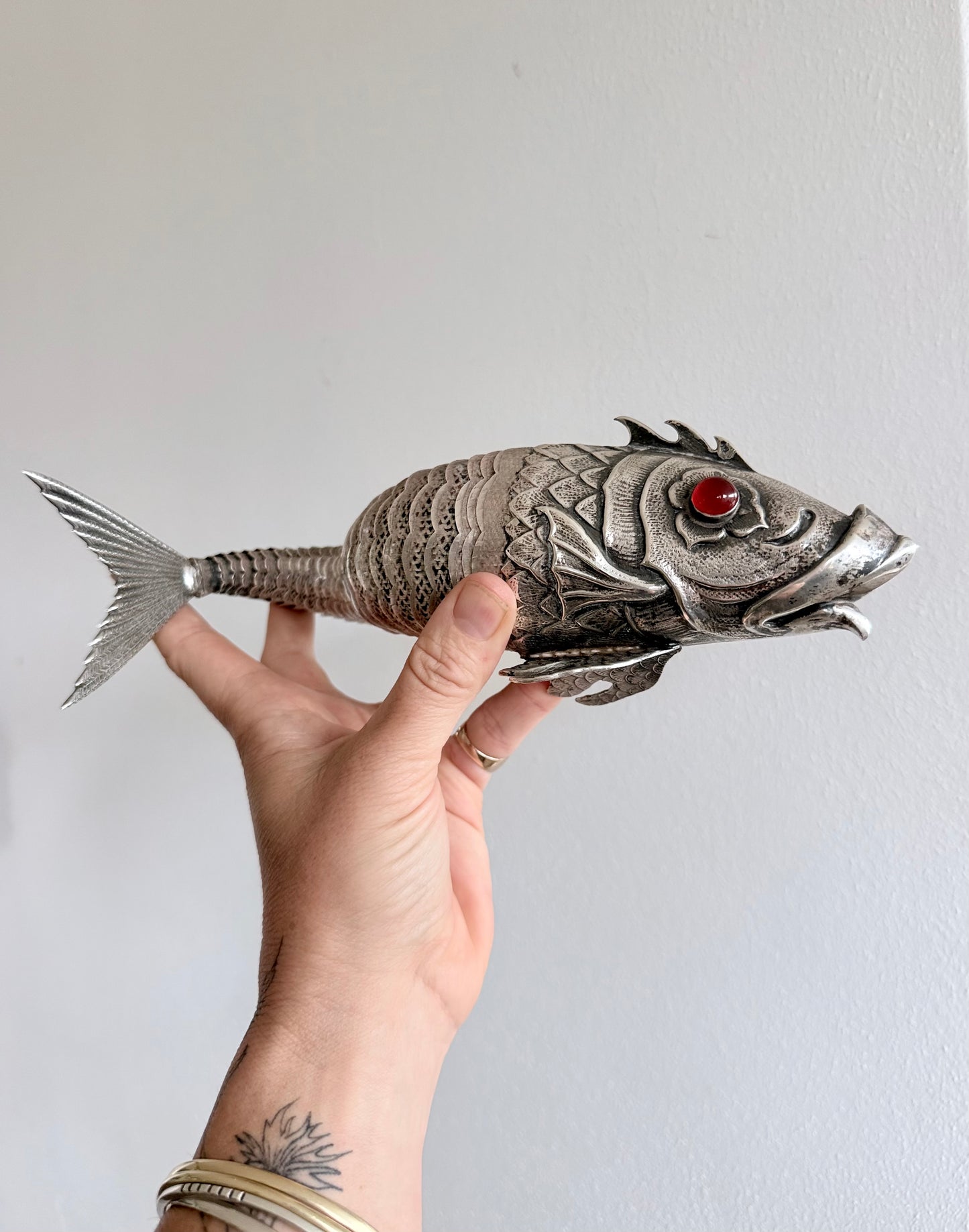 .1940s .915 articulated life sized hand made solid Spanish silver Large and magnificent artisan made Carb Fish rare treasured silver figural art statue