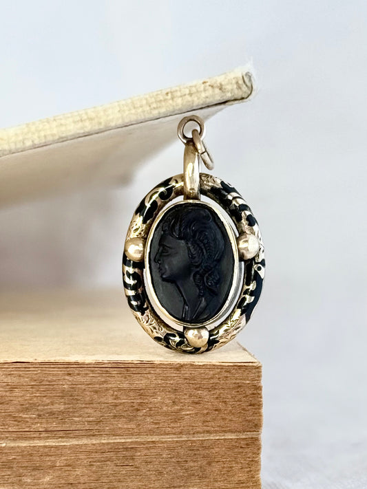 .1800s 1850s .375 .9ct antique Victorian gold and enamel French Jet and Shell carved Cameo pendant