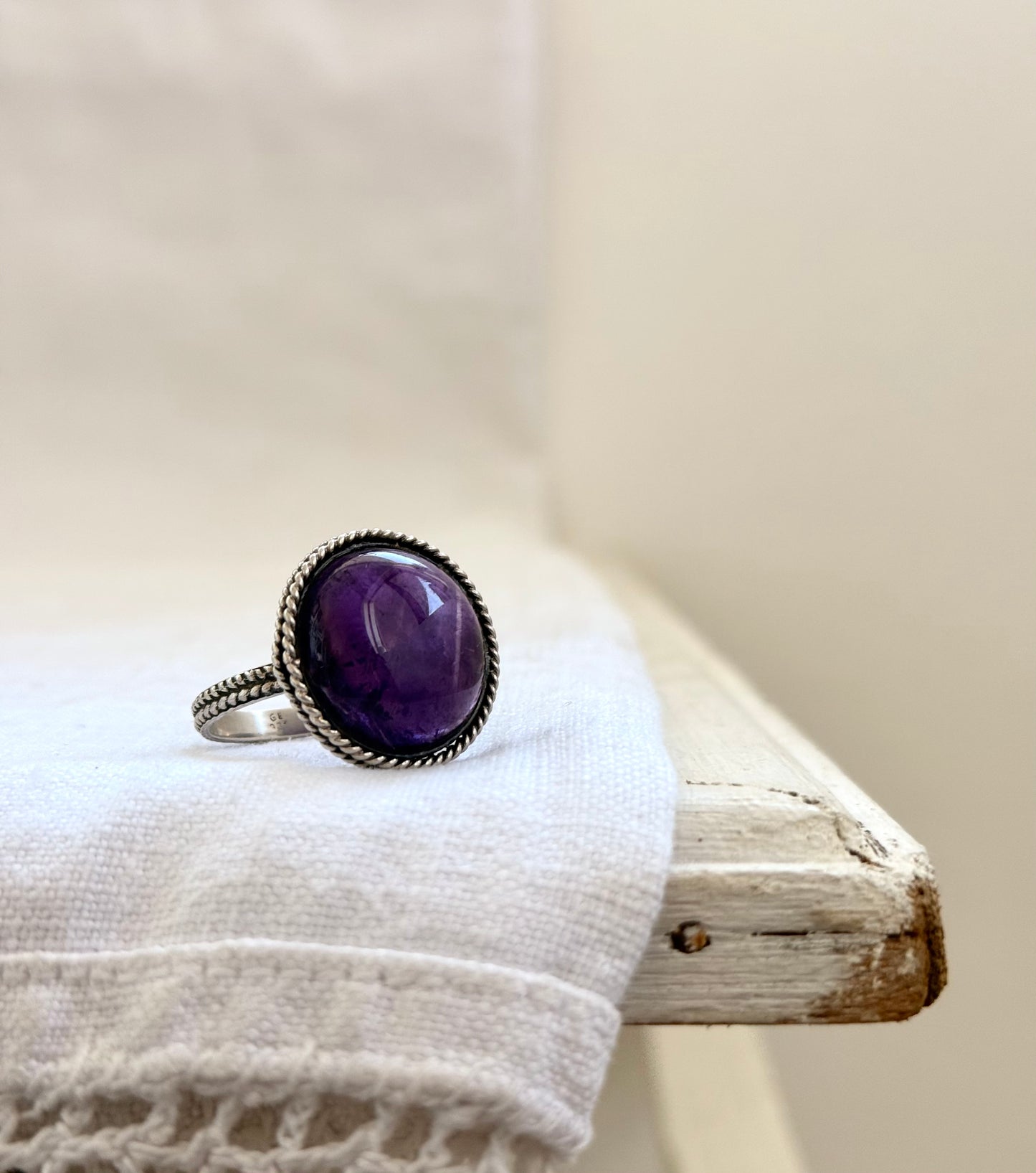 .925 Amethyst cabochon artisan made February birthstone hand crafted large traditional silver craftsman sterling silver statement ring
