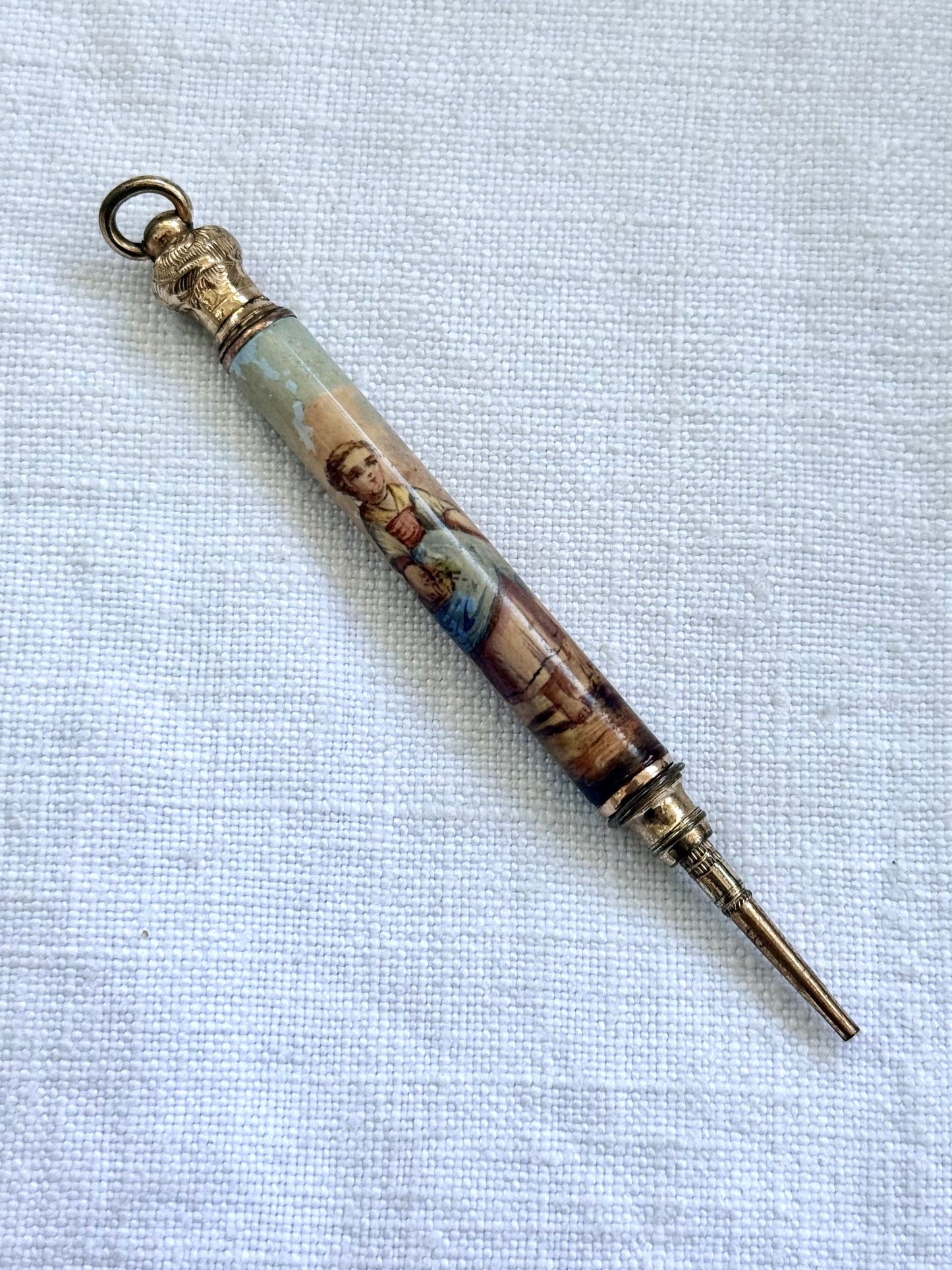 .1860s .1890s antique fine Victorian gold filled fine collectors hand painted enamel chatelaine propelling pencil