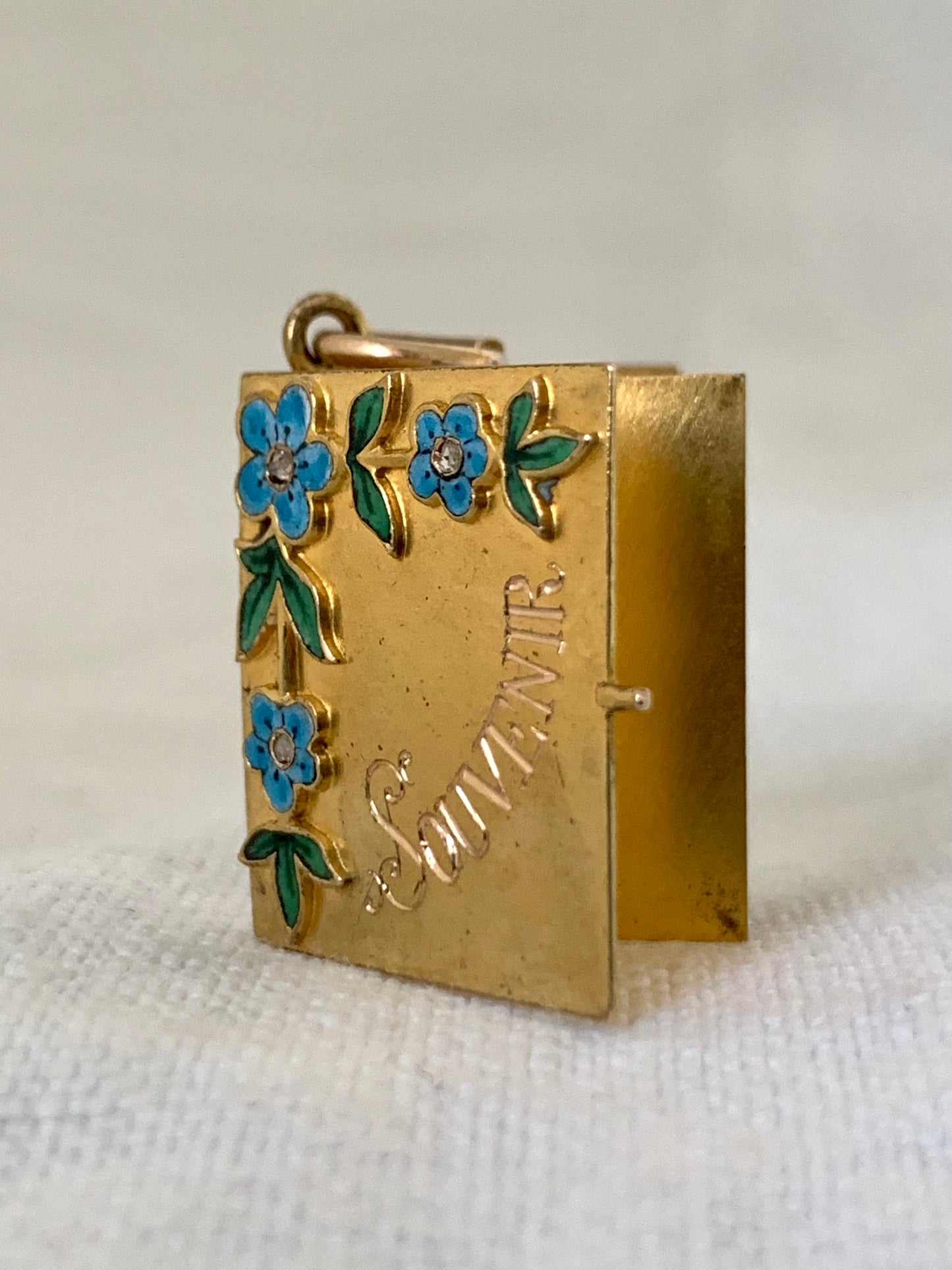 .14ct .585ct 1880s 1900s antique rare solid 14ct gold Diamond and enamel rare Forget me Not flowers French Souvenir Diamond book photo locket sentiment booklet pendant
