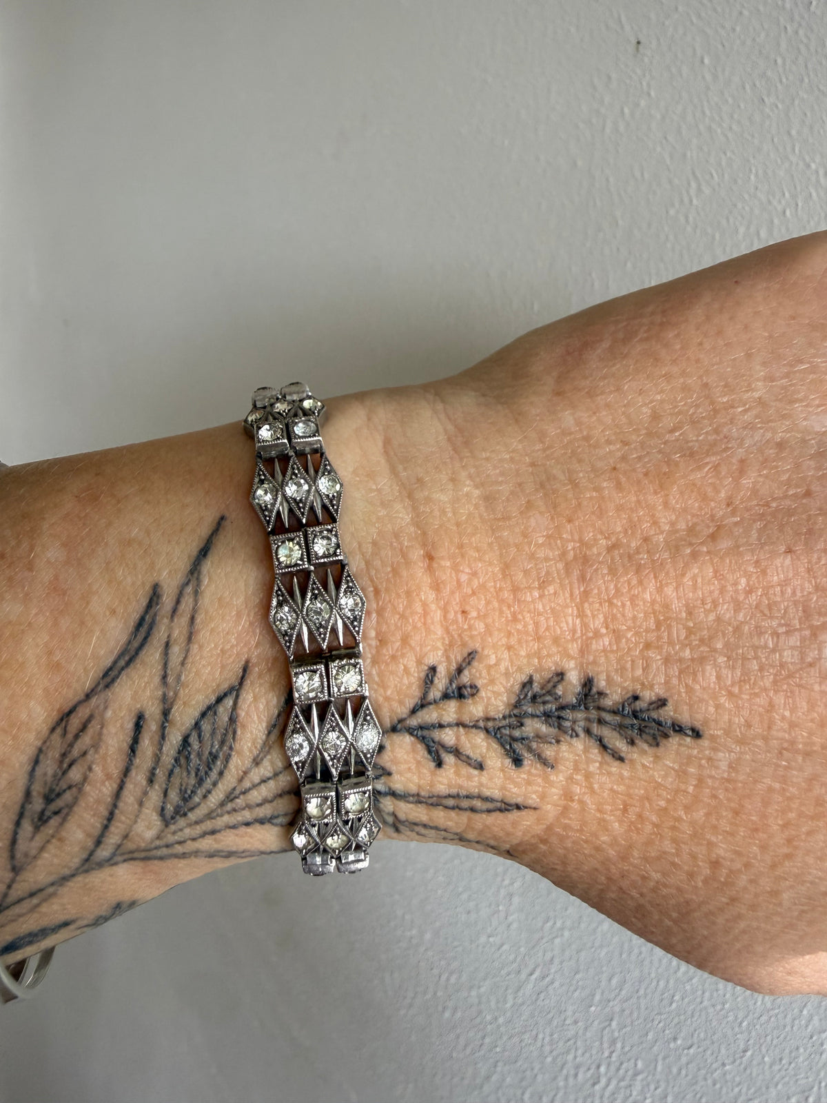 .1930s .1940s .925 Art Deco style diamond paste stone triple fancy link tennis style sterling silver tennis clasp bracelet