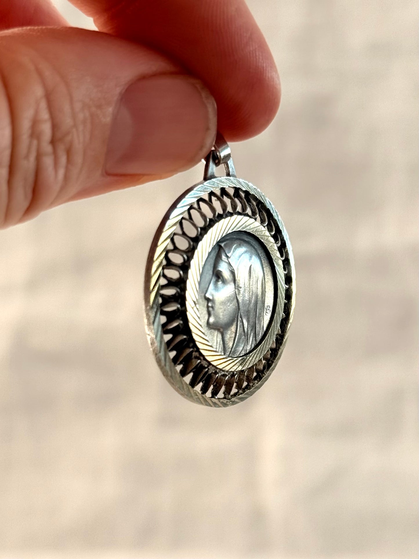 .1950s .1970s French Religious Holy Virgin Mother Maria Fatima Roman Catholic signed medallion token pendant
