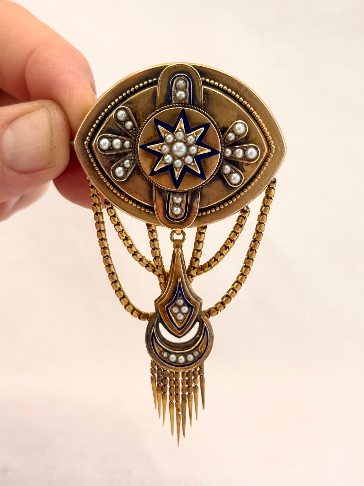 .1800s antique Etruscan revival high carat gold pearl royal blue enamel high carat gold tassel memorial Victorian rare heirloom navette shaped gold brooch
