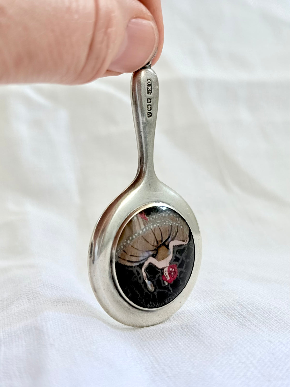 .1925 .925 antique Art Deco sterling silver mini chatelaine mirror hand painted butterfly wing miniature art micro chatelaine silver mirror pendant