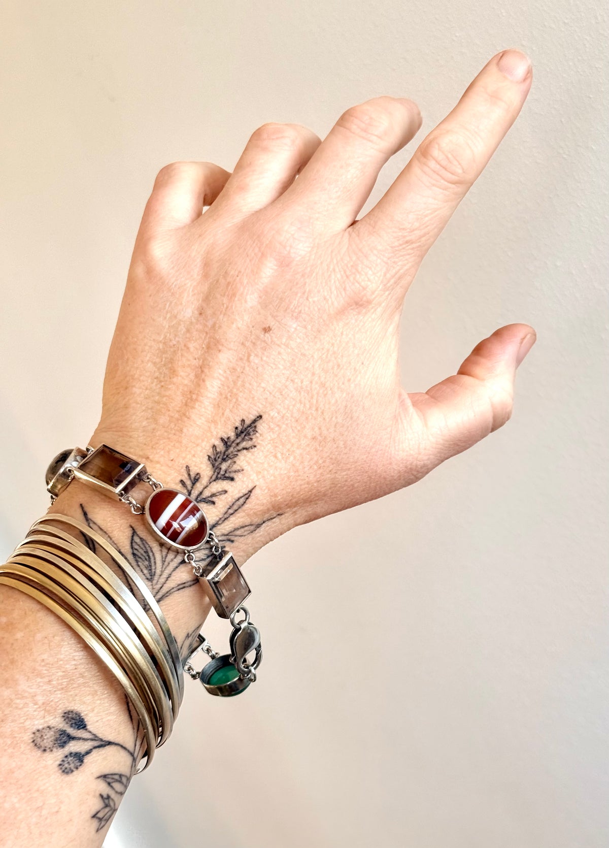 .1990s .2000s .8 stone .925 silver chunky statement artisan made Modernist gemstone links segment bracelet